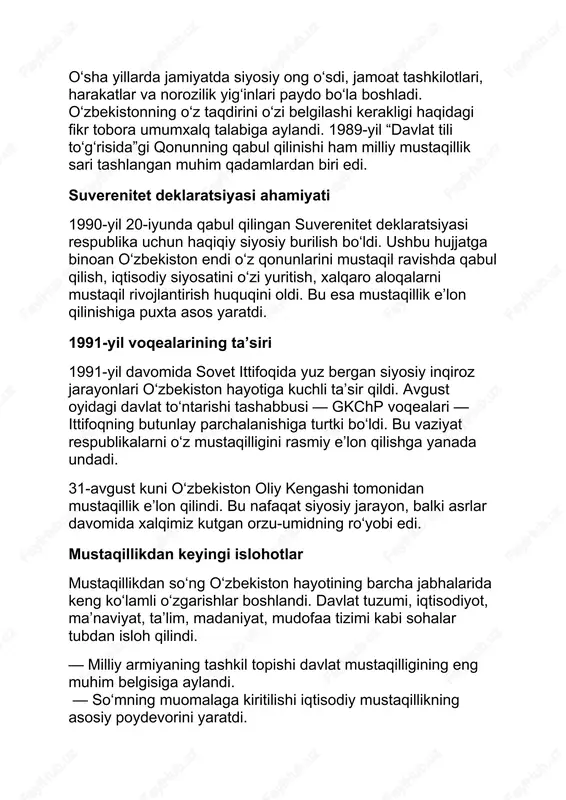 ustaqillik e’lon qilindi. bu nafaqat siyosiy jarayon, balki asrlar davomida xalqimiz kutgan orzu-umidning ro‘yobi edi. mustaqillikdan keyingi islohotlar mustaqillikdan so‘ng o‘zbekiston hayotining barcha jabhalarida keng ko‘lamli o‘zgarishlar boshlandi. davlat tuzumi, iqtisodiyot, ma’naviyat, ta’lim, madaniyat, mudofaa tizimi kabi sohalar tubdan isloh qilindi. — milliy armiyaning tashkil topishi davlat mustaqilligining eng muhim belgisiga aylandi. — so‘mning muomalaga kiritilishi iqtisodiy mustaqillikning asosiy poydevorini yaratdi. — bayroq, gerb, madhiyaning qabul qilinishi xalqimizni birlashtiruvchi ma’naviy qadriyat sifatida xizmat qila boshladi. — bozor iqtisodiyotiga o‘tish, xususiy mulkchilikning rivojlanishi, yangi ish o‘rinlarining yaratilishi mamlakatda iqtisodiy o‘sish uchun keng imkoniyatlar yaratdi. mustaqillikning ma’naviy ahamiyati mustaqillik bizga nafaqat siyosiy, balki ma’naviy ozodlikni ham berdi. endi xalq o‘z tarixini erkin o‘rganishi, qadriyatlarini tiklashi, o‘z ona tilida ravnaq topishi uchun keng imkoniyatlarga ega bo‘ldi. ta’lim tizimida milliy dasturlar joriy qilindi, tarixiy shaxslarimizning nomlari tiklandi, qadimiy obidalar restavratsiya qilindi. bugungi avlodning vazifasi mustaqillik — bu bizga berilgan ulkan imkoniyat, lekin shu bilan …