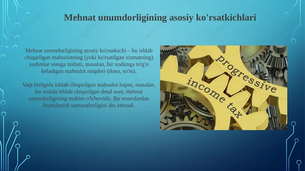 ab chiqarish hajmining 15% ga oshishi bonusga olib keladi, motivatsiyani oshiradi. ish beruvchilar uchun tavsiyalar: xodimlar uchun kasbiy o'sish dasturlarini taqdim etish, har chorakda 3 kunlik o'quv kurslari xodimlarni rag'batlantiradi. xulosa va istiqbollar kelajakda, ish unumdorligini oshirish uchun 360 daraja baholash tizimlari kabi yangi, shaffof rag'batlantirish mexanizmlarini joriy etish zarur. istiqbollar mehnat unumdorligini 15-20 foizga oshirish uchun sun'iy intellekt va avtomatlashtirish texnologiyalaridan keng foydalanishni ko'rsatmoqda. e'tiboringiz uchun rahmat image3.png image4.jpg image5.jpg image6.jpg image7.jpg image8.jpg image9.jpg image10.jpg image11.jpg image12.jpg image13.jpg image14.jpg image15.jpg image16.jpg image17.jpg image18.jpg image1.png