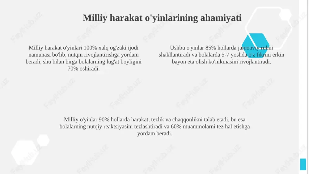 jlantirish ijodiy fikrlashni rivojlantirishda "scamper" texnikasi muhim ahamiyatga ega, bunda 7 ta element (o'rnini bosish, birlashtirish, moslashish, o'zgartirish, maqsadga yo'naltirish, yo'q qilish, qayta tartiblash) qo'llaniladi. miya hujumi (brainstorming) usuli orqali 15 daqiqa ichida kamida 20 ta g'oya yaratish maqsadga muvofiqdir, bu esa g'oyalarni miqdor jihatidan ko'paytirish va baholashni keyinga qoldirishga yordam beradi. "6 qalpoq" usuli ijodiy yechimlarni topishda turli xil fikrlash uslublarini (oq, qora, sariq, yashil, qizil, ko'k) qo'llash orqali 360 gradusli tahlil qilish imkonini beradi. o'qituvchining roli o'qituvchi - milliy o'yinlarni tanlashda ekspert bo'lib, har bir o'yinning nutq rivojiga qo'shadigan 70% hissani aniq baholay oladi. u 85% hollarda o'quvchilarning nutqiy faolligini oshirish uchun o'yin qoidalarini moslashtiradi va 15 ta turli nutq uslubini qo'llaydi. o'qituvchi 90% vaqt davomida o'yin jarayonida aktiv kuzatuvchi va yo'naltiruvchi bo'lib, har bir bolaning nutqiy o'sishini individual tarzda ta'minlaydi. o'yinlarni tashkil etish va o'tkazish o'yinlarni tashkil etishda ishtirokchilar sonini, maydon o'lchamlarini va o'yin vaqtini 10-15 daqiqa …