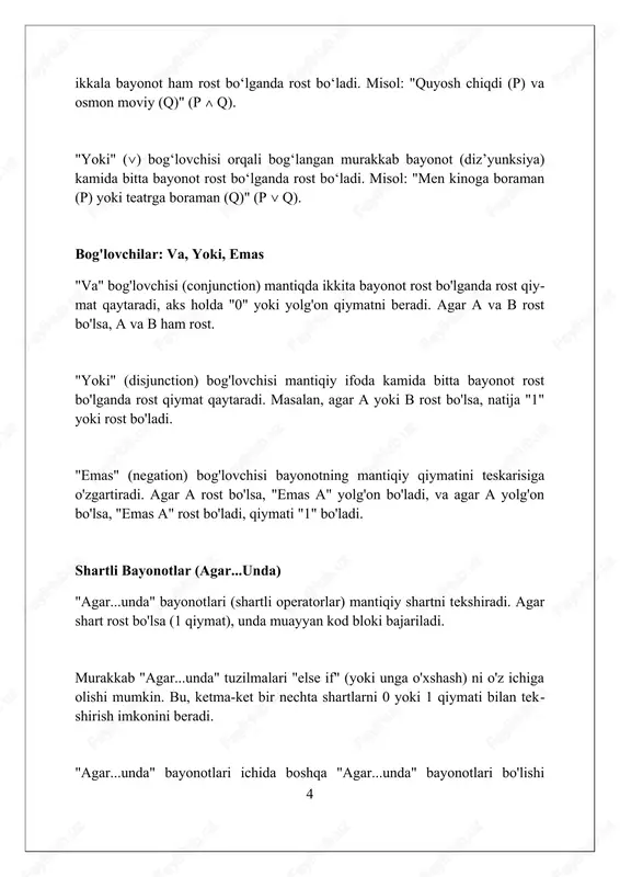 ki 'yolg'on' bo'lishi mumkin, bu esa natijaga ta'sir etadi. kon'yunksiya (va) amali uchun mantiqiy jadvalda, p va q bayonotlarining ikkalasi ham 'rost' bo'lgandagina natija 'rost' bo'ladi, aks holda 'yolg'on' bo'ladi. murakkab bayonotlar uchun mantiqiy jadval murakkab bayonotlar uchun mantiqiy jadval, masalan, "p q" (va) uchun, ikki∧ o'zgaruvchi (p va q) qiymatlarini ro'yxatlab, natijani aniqlaydi. mantiqiy jadvalda, masalan, "p → q" (agar p bo'lsa, q) uchun, rostlik qiymatlari kombinatsiyasi (rost, yolg'on) natijani aniq ifodalaydi. 7 "p q" (yoki) uchun jadval, ikki holatdan biri rost bo'lganda, natija rost∨ bo'lishini ko'rsatadi, faqat ikkalasi ham yolg'on bo'lsa, yolg'on bo'ladi. bayonotlarning ekvalentligi bayonotlarning ekvivalentligi ikki bayonotning haqiqat jadvallari 1 va 0 qiy- matlarida to'liq mos kelishini anglatadi, ya'ni ular har doim bir xil natijani be- radi. agar p va q bayonotlar ekvivalent bo'lsa, ular orasida ikki tomonlama implikat- siya (p ↔ q) mavjud bo'lib, bu bayonot har doim 1 (rost) qiymatga ega bo'ladi. misol uchun, …