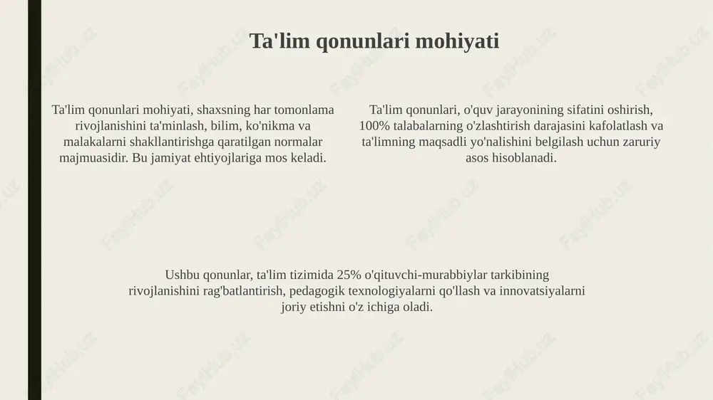 bog'liq bo'lib, o'zaro munosabatlar orqali shaxsiy xususiyatlar shakllanadi. ta'lim muassasasining ta'lim va tarbiya qonunlaridagi roli ta'lim muassasalarining nizomlari, o'zbekiston respublikasining 47-sonli qonun hujjatlari asosida ishlab chiqiladi va ularning faoliyatini tartibga soladi. ta'lim muassasalari o'quvchilarga 2024-yilgi ta'lim standartlari asosida bilim berish, ularning 16 yoshdan boshlab kasbiy yo'nalishini aniqlashga yordam beradi. ta'lim muassasasi tarbiya jarayonida o'quvchilarning 5 ta asosiy xususiyatini (axloq, ma'naviyat, madaniyat, jismoniy, aqliy) rivojlantirishi shart. oila va jamiyatning ta'lim va tarbiya qonunlaridagi roli oila kodeksining 77-moddasiga ko'ra, ota-onalar farzandlarini tarbiyalash huquqiga ega va bu majburiyat ularga yuklatilgan, jamiyat esa bu jarayonni kuzatadi. ma'muriy javobgarlik to'g'risidagi kodeksning 47-moddasi ota-onalarning farzand tarbiyasidagi majburiyatlarini bajarmaganlik uchun javobgarlikni belgilaydi, bu jamiyat nazoratining bir ko'rinishi. ta'lim to'g'risidagi qonunning 6-moddasi oilaning ta'limdagi ustuvor rolini belgilaydi, jamiyat esa ta'lim sifatini nazorat qilib, teng imkoniyatlar yaratilishini ta'minlaydi. ta'lim qonunlarini amalga oshirishdagi muammolar ta'lim standartlarini implementatsiyasida 20% ga yetgan moliyaviy resurslar tanqisligi, zamonaviy o'quv qurollari va texnologiyalar bilan ta'minlashda …