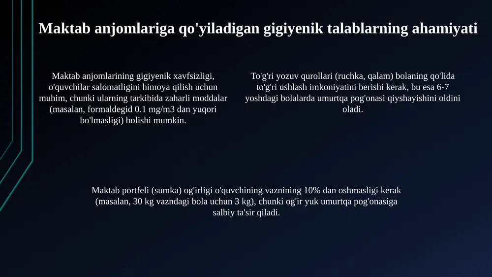 nfektsiyalovchi vositalar ta'siriga bardosh berishini nazarda tutadi. ph darajasi 6 dan 8 gacha bo'lgan eritmalarga ta'sir qilish sinovi o'tkaziladi. ranglar barqarorligi yorug'lik ta'siriga qarshilikni anglatadi. standart talablarga ko'ra, baholash shkalasi 1 dan 8 gacha bo'lib, 6 yoki undan yuqori ko'rsatkich maktab jihozlari uchun qabul qilinadi. qoplamalar barqarorligi mexanik ta'sirlarga chidamliligini bildiradi. masalan, qalam qutilaridagi bo'yoqlar aşınmaya bardoshli bo'lishi kerak, kamida 500 tsikl aşınmaya dosh berishi lozim. yozuv qurollariga talablar yozuv qurollarida ishlatiladigan siyoh tarkibida metil spirti miqdori 0,5% dan oshmasligi, rang beruvchi moddalar zaharli emasligi va teri bilan aloqa qilganda allergik reaksiyalarni keltirib chiqarmasligi kerak. ruchka korpuslari yuqori sifatli, toksik bo'lmagan plastmassadan tayyorlanishi, mexanik shikastlanishlarga chidamli bo'lishi, bolaning qo'lida qulay bo'lishi va yozuv jarayonida noqulaylik tug'dirmasligi zarur. qalamlar yog'ochining tarkibida formaldegid miqdori 0,1 mg/m3 dan oshmasligi, bo'yoq qatlami bir tekisda bo'lishi, yuzasi silliq va bolaning sog'lig'iga zarar yetkazmasligi lozim. o'quv qo'llanmalariga talablar o'quv qo'llanmalarida ishlatiladigan qog'oz 65-80 g/m2 zichlikda bo'lishi, …