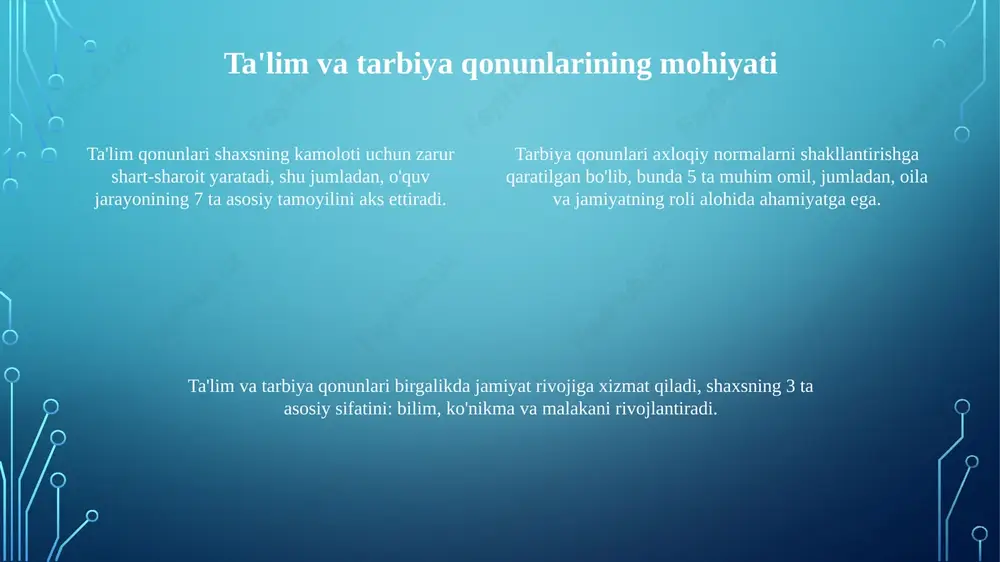 huquqiga ega, bu ta'lim siyosatini shakllantirishda muhim rol o'ynaydi. kasbiy ta'limda axloqiy me'yorlar kasbiy ta'limda adolat me'yori talabalarga teng imkoniyatlar yaratishni, baholashda xolislikni va 100% shaffoflikni ta'minlashni talab etadi. adolat har bir talabaning rivojlanishiga zamin yaratadi. kasbiy ta'limdagi mas'uliyat me'yori o'qituvchilarning o'z vazifalariga vijdonan yondashuvini, talabalarning esa o'z o'qishlariga 100% sodiqligini anglatadi va natijada yuqori sifatli ta'lim beradi. kasbiy ta'limda halollik me'yori o'qituvchilarning o'z so'zida turishini, talabalarning esa plagiatdan saqlanishini, ishlarida 99% to'g'rilikka intilishini va shaffoflikni qadrlashni nazarda tutadi. ta'lim sifatini baholash mezonlari o'quv dasturlari mazmunining zamonaviy talablarga mosligi 70% dan kam bo'lmasligi kerak, bunda talabalarning amaliy ko'nikmalari muhim o'rin tutadi. bitiruvchilarning so'rovnomalari va ish beruvchilarning fikrlari asosida kamida 80% ixtisoslik bo'yicha ish bilan ta'minlanganligi sifat ko'rsatkichi hisoblanadi. o'qituvchilarning malaka oshirish darajasi va ilmiy unvonlari 90% dan yuqori bo'lishi lozim, bunda pedagogik texnologiyalar asosiy mezon sifatida baholanadi. o'zbekistonda ta'lim sohasidagi qonunchilik o'zbekiston respublikasining "ta'lim to'g'risida"gi qonuni (2020-yil, o'rq-637-son) ta'lim tizimini …