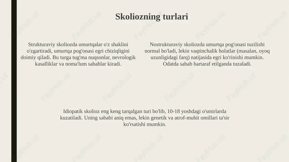 ashtiradi va yurak xastaligi xavfini taxminan 30-40 foizga kamaytiradi. muntazam jismoniy faollik mushaklar massasini oshiradi, metabolizmni tezlashtiradi va kaloriya sarfini 15-25 foizga optimallashtirib, vaznni nazorat qilishga yordam beradi. muntazam ravishda mashqlar bajarish muntazam mashqlar skoliozning 10-20 daraja egilishini kamaytirishga yordam beradi, mushaklarni kuchaytiradi va umurtqa pog'onasini qo'llab-quvvatlaydi. skolioz uchun mos mashqlar, masalan, 3-4 kunlik intensivlik bilan, umurtqa pog'onasidagi bosimni kamaytirib, og'riqni yo'qotishga yordam beradi. suzish, yoga va pilates kabi muntazam mashqlar umurtqa pog'onasining harakatchanligini oshiradi, skolioz tufayli kelib chiqadigan noto'g'ri pozitsiyani 25% ga kamaytiradi. skolioz uchun maxsus mashqlar skolioz uchun maxsus mashqlar, masalan, "kobra" pozasi orqa mushaklarini kuchaytiradi va umurtqani to'g'rilashga yordam beradi, bu esa 10-15 marta takrorlanadi. asimmetrik mashqlar, masalan, bir qo'lni ko'tarib, ikkinchi qo'lni tushirish, umurtqa egri chizig'ining muvozanatini yaxshilaydi va kuniga 2-3 marta, har bir tomonga 8-12 marta bajariladi. skolioz bilan kurashish uchun nafas olish mashqlari muhim, ular diafragmani mustahkamlaydi va umurtqa pog'onasini qo'llab-quvvatlaydi, 5-10 daqiqa davomida …