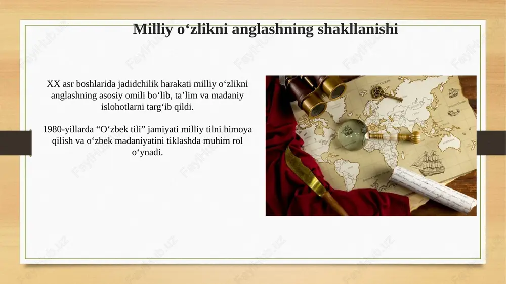 qiyinchiliklar va imkoniyatlar 1992-1993-yillarda iqtisodiy inqiroz yalpi ichki mahsulotning sezilarli darajada qisqarishiga olib keldi, bu esa inflyatsiya va ishsizlikni keltirib chiqardi. sovet davridan meros bo'lib qolgan markazlashgan boshqaruv tizimidan bozor iqtisodiyotiga o'tishda jiddiy qiyinchiliklar yuzaga keldi. mustaqillik g‘oyalarining bugungi kundagi ahamiyati mustaqillik, 32 yildan so'ng, milliy o'zlikni anglash, madaniy merosni asrash va 2030 yilgacha barqaror rivojlanish maqsadlariga erishish uchun muhim ahamiyatga ega. iqtisodiy mustaqillik, 2022-2026 yillarda o'zbekiston taraqqiyot strategiyasini amalga oshirish, investitsiyalarni jalb etish va xalqaro bozorda raqobatbardoshlikni oshirish demakdir. e'tiboringiz uchun rahmat slide 1 slide 2 slide 3 slide 4 slide 5 slide 6 slide 7 slide 8 slide 9 slide 10 slide 11 slide 12 slide 13 slide 14 slide 15 slide 16 slide 17 slide 18 slide 19 slide 20