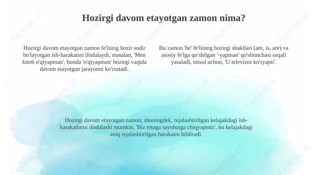 ishlaydigan gaplarda "they are playing football" tuzilmasiga e'tibor qiling. mashqlar: tarjima qiling, present continuousda "men kitob o'qiyapman" kabi tuzilmalarni ingliz tiliga "i am reading a book" deb o'girishni mashq qiling. present continuousda "u hozir ovqat pishiryapti" gapini tarjima qilishda "she is cooking now" kabi 3 ta asosiy qismga e'tibor bering: subject + is/am/are + verb+ing. xulosa xulosa present continuous zamonning asosiy nuqtalarini, masalan, hozirgi paytda davom etayotgan harakatlar va 100% aniqlik bilan kelajak rejalarni qamrab oladi. xulosa qisqa bo'lishi kerak, lekin 'is/am/are + -ing' formulasi va vaqt belgilari, masalan 'now', 'at the moment' kabi 70% muhim detallarni o'z ichiga olishi shart. xulosa talabalarga present continuous zamonning 3 asosiy ishlatilishini eslatib turishi kerak: 1) hozirgi harakatlar, 2) o'zgarishlar va 3) kelajak rejalar, 90% muhim qoidalarni yodga solishga yordam beradi. e'tiboringiz uchun rahmat slide 1 slide 2 slide 3 slide 4 slide 5 slide 6 slide 7 slide 8 slide 9 slide …