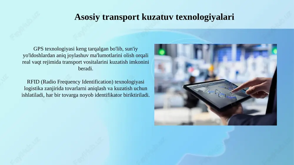 beradi. mikroservis arxitekturasi katta dasturiy ta'minotni 10-15 ta kichik, mustaqil xizmatlarga ajratib, deployment va masshtablashni osonlashtiradi, downtime kamayadi. kelajak tendentsiyalari va rivojlanish istiqbollari transport tizimlarida blokcheyn texnologiyasining integratsiyasi, ayniqsa ta'minot zanjirlarida, shaffoflikni oshiradi va firibgarlikni kamaytiradi, 2025 yilga borib bozorni $20 milliardga yetkazadi. sun'iy intellekt (si) va mashinali o'rganish (mo) asosidagi algoritmlar real vaqtda trafikni bashorat qilish, yo'nalishni optimallashtirish va texnik xizmat ko'rsatishni rejalashtirish imkoniyatini beradi, xarajatlarni 15-20% ga kamaytiradi. e'tiboringiz uchun rahmat image3.jpg image4.jpg image5.jpg image6.jpg image7.jpg image8.jpg image9.jpg image10.jpg image11.jpg image12.jpg image13.jpg image14.jpg image15.jpg image16.jpg image17.jpg image1.png