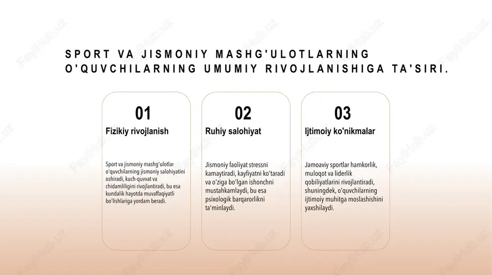 tiradi, o'quvchilarni faoliyatga qiziqtiradi va sabr-toqatni rivojlantiradi. o'z-o'zini rivojlantirish jismoniy faoliyatlar orqali o'quvchilar o'z qobiliyatlari va chegaralarini aniqlab, intizom, sabr va liderlik sifatlarini shakllantiradilar. ruhiy farovonlik sport va jismoniy mashg'ulotlar stressni kamaytiradi, ijobiy kayfiyat yaratadi va o'z-o'zini baholashni oshiradi, bu esa umumiy psixologik salomatlikni mustahkamlashga yordam beradi. o'quvchilarda sog'lom turmush tarzini shakllantirishda sinfdan tashqari jismoniy faoliyatning roli 1 sog'lom odatlarni rivojlantirish sinfdan tashqari jismoniy faoliyatlar orqali o'quvchilar sog'lom turmush tarzini shakllantiradi, ularning jismoniy va ruhiy salomatligini mustahkamlashga yordam beradi. 2 xavfsizlik va motivatsiya bu faoliyatlar xavfsizlikni ta’minlab, yoshlarni sportga qiziqishini oshiradi, ularni sog'lom turmush tarziga odatlantiradi va ijtimoiy faollikka undaydi. 3 ijtimoiy va madaniy ta'sir sog'lom turmush tarzini targ'ib qilishda jismoniy faoliyatlar ijtimoiy va madaniy qadriyatlarni rivojlantirib, yoshlarni hamjihatlik va hamkorlikka o'rgatadi. uzbekistan sharoitida jismoniy tarbiya mashg'ulotlarining samaradorligini oshirish usullari mahalliy resurslar texnologik qo'llab-quvvatlash o'qituvchilar malakasini oshirish mahalliy sport maydonlari, jismoniy tarbiya uchun bazalar va texnologik vositalarni keng joriy etish, …