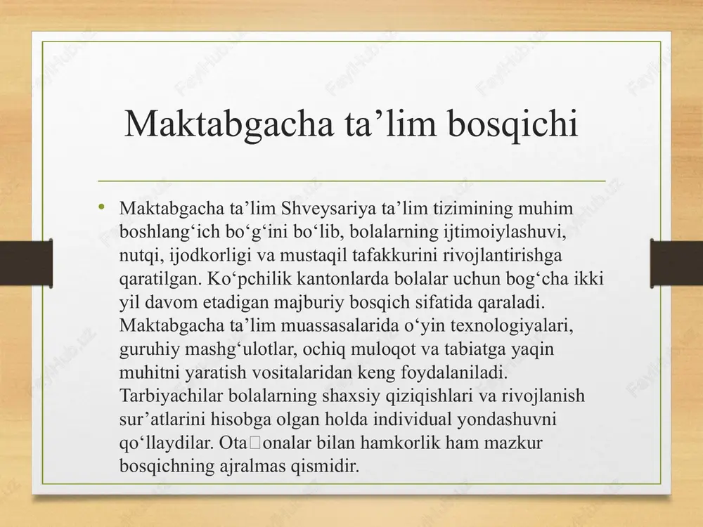 biroq samarali modeldir. maktabgacha bosqichdan boshlab bola shaxsini hurmat qilish, individual yondashuv va ota‑ona hamkorligi asosiy tamoyil sifatida qaraladi. dual ta’lim modeli yoshlarning mehnat bozorida raqobatbardosh bo‘lishini ta’minlaydi. oliy ta’lim esa ilmiy izlanish, innovatsiya va xalqaro hamkorlikni rag‘batlantiradi. shveysariya tajribasi ta’lim islohotlari jarayonida boshqa davlatlar uchun ahamiyatli namuna bo‘lib xizmat qilishi mumkin. image7.jpeg image8.jpeg image9.jpeg image3.png image4.png /docprops/thumbnail.jpeg
