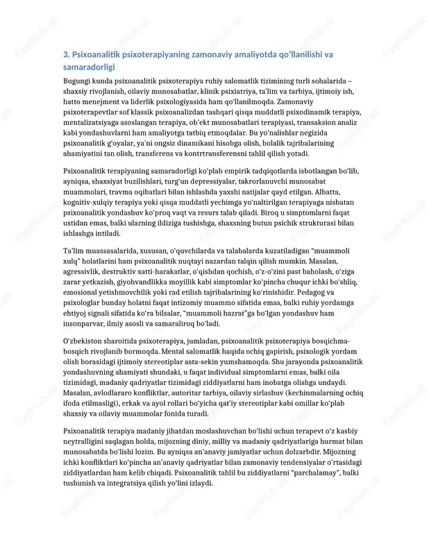 ning o‘zida sevgi va nafratni o‘z ichiga oluvchi) munosabatlar, idealizatsiya va devalvatsiya kabi mexanizmlar mavjud bo‘ladi. masalan, bolaning erta yoshda rad etilishi, beqaror parvarish, zo‘ravonlik, emosional beparvolik yoki haddan tashqari qattiqqo‘l tarbiya keyinchalik shaxsning o‘ziga va boshqalarga bo‘lgan ishonchini buzadi. bu esa kattalik davrida “muammoli” xulq (agressivlik, haddan tashqari qaramlik, manipulyativ munosabatlar, o‘zini o‘zi sabotaj qilish) ko‘rinishida namoyon bo‘lishi mumkin. muammoli mijoz bilan psixoanalitik ish olib borishda transferens alohida ahamiyat kasb etadi. mijoz terapevtni o‘z hayotidagi muhim figuralar – ota, ona, ustoz, tajovuzkor yoki beparvo shaxs obrazlari bilan aralashtirib yuboradi. terapevt bu ko‘chirishni (transferensni) sezadi va tahlil qiladi. mijozning terapevtga bo‘lgan dushmanona, haddan tashqari idealizatsiyalashgan yoki ambivalent munosabati – uning ichki ob’ekt munosabatlarini aks ettiradi. aynan mana shu jarayonni ong darajasiga olib chiqish, mijozga o‘z reaksiyalarining tarixiy ildizini ko‘rsatish psixoanalitik psixoterapiyaning markaziy vazifalaridan biridir. “muammoli hazrat”larda himoya mexanizmlari ham o‘ta keskin shaklda namoyon bo‘ladi. masalan, inkor (denial), proektsiya, reaktiv forma, …