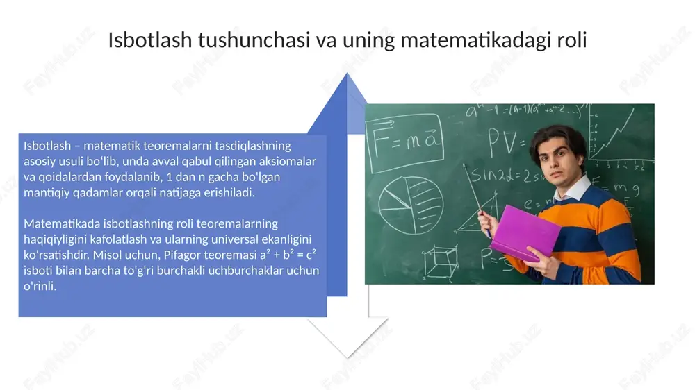 isbotlash jarayonini osonlashtiradi. geogebra dasturi geometrik tasavvurlarni shakllantirishda, teoremalarni vizual isbotlashda katta yordam beradi, ayniqsa 2d va 3d obyektlar bilan ishlashda samarali hisoblanadi. o'qituvchining roli va ko'rsatmalari o'qituvchi, matematik tushunchalarni tushuntirishda, 1-darajali mulohazalardan foydalanib, teoremani isbotlash algoritmini qadam-baqadam namoyish etishi kerak, bunda har bir qadam mantiqiy asoslanadi. o'qituvchi, teoremalarni isbotlashda turli xil usullarni (masalan, bilvosita isbotlash, matematik induksiya) qo'llashni ko'rsatishi, har bir usulning afzalliklari va kamchiliklarini 2 ta misolda tushuntirishi lozim. motivatsiya va qiziqishni oshirish usullari matematik o'yinlar va musobaqalar tashkil etish, masalan, 'aqliy hujum' usuli, o'quvchilarning 75% gacha bo'lgan qiziqishini oshirishi mumkin, isbotlashni o'rganishni esa 60% ga rag'batlantiradi. kundalik hayot bilan bog'liq 3-4 ta misollar keltirish, masalan, qurilishdagi teoremalar qo'llanilishi, o'quvchilarning motivatsiyasini 40% ga oshiradi va amaliy ahamiyatini ko'rsatadi. e'tiboringiz uchun rahmat image3.png image5.jpg image6.jpg image7.jpg image8.jpg image9.jpg image10.jpg image11.jpg image12.jpg image13.jpg image14.jpg image15.jpg image16.jpg image17.jpg image18.jpg image4.png image19.jpg image20.jpg image1.jpeg image2.jpeg