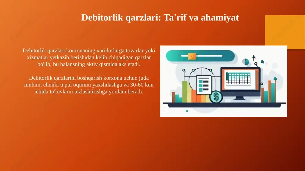ishi, pul oqimida muammolarni keltirib chiqarishi va kredit siyosatini qayta ko'rib chiqish zarurligini ko'rsatadi. kreditorlik qarzlari aylanmasining 30 kundan oshishi, yetkazib beruvchilar bilan munosabatlarga salbiy ta'sir ko'rsatishi mumkin, bu esa narxlarning oshishiga yoki ta'minotning uzilishiga olib keladi. e'tiboringiz uchun rahmat image2.png image5.jpg image6.jpg image7.jpg image8.jpg image9.jpg image10.jpg image11.jpg image12.jpg image13.jpg image14.jpg image15.jpg image16.jpg image17.jpg image18.jpg image19.jpg image3.png