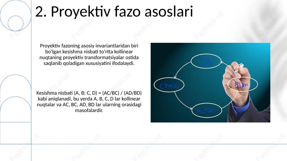 , c', d' ga o'tsa, (a, b; c, d) = (a', b'; c', d') bo'ladi. dualitet prinsipi proyektiv geometriyada nuqtalar va chiziqlarni almashtirishga imkon beradi; har bir teoremaga dual teorema mos keladi, masalan, nuqta-chiziq, chiziq-nuqta almashinuvida. 15.kesishgan nisbatning afsonaviy ahamiyati kesishgan nisbat 1872-yilda feliks kleinning erlangan dasturida proyektiv geometriyani invariant xususiyatlar asosida tasniflashda asosiy rol o'ynaydi, bu esa geometriyaga yangi yondashuvni yaratdi. to'rtta kollinear nuqtaning kesishgan nisbati proyektiv transformatsiyalar ostida invariant bo'lib qoladi, bu uning geometrik xususiyatlarni saqlashda, xususan, tasvirlash geometriyasida muhimligini ko'rsatadi. 16.xulosalar proyektiv o'zgartirishlar kesishmas nisbatni saqlab qoladi, bu geometrik invariantlikning muhim xususiyatidir; qiymat o'zgarmaydi, koordinatalar o'zgarganda ham. agar kesishmas nisbat -1 ga teng bo'lsa, u holda to'rtta nuqta harmonik kvartetni tashkil qiladi, bu optik illyuziyalarni yaratishda keng qo'llaniladigan maxsus holatdir. 17.adabiyotlar adabiyotlar ro'yxati proyektiv geometriya bo'yicha klassik manbalarni o'z ichiga olishi kerak, masalan, coxeterning 'real projective plane' kitobi, unda ko'ndalang nisbat batafsil yoritilgan. ko'ndalang nisbatning proyektiv invariantligini …