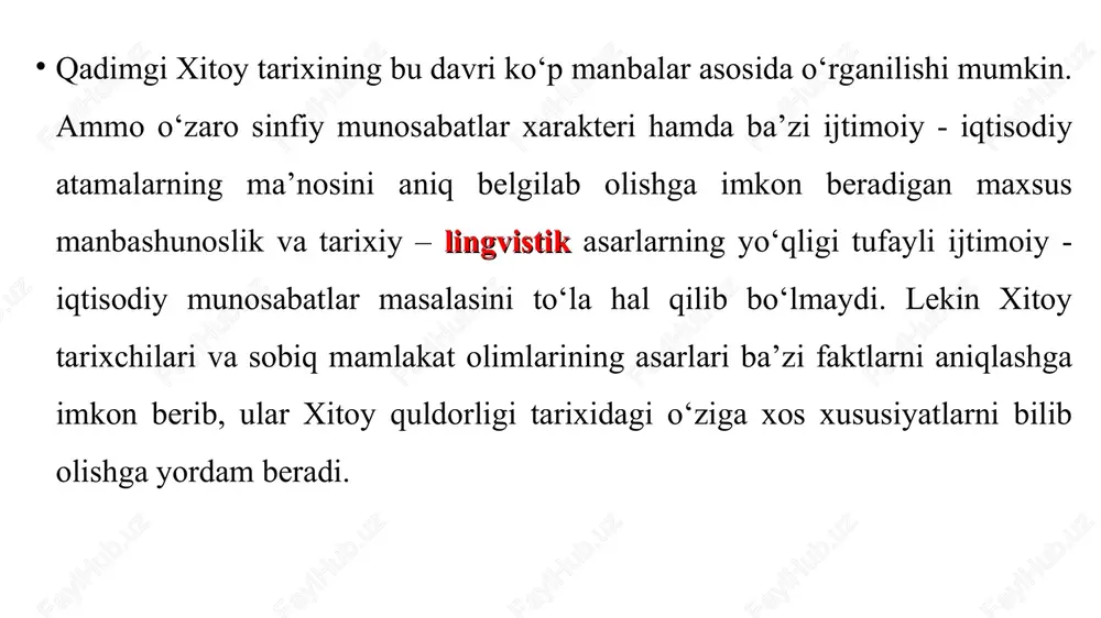 ok etganlar. xitoy manbalarining xabar berishicha, o‘sha davrda boylar ko‘payib, sin shi xuandi o‘z poytaxtida savdoni taraqqiy ettirish uchun ularning oilasini poytaxtga ko‘chirib keltirgan. bu raqam mubolag‘a bilan aytilgan bo‘lishi ham mumkin. savdo va sudxo‘rlik rivojlanishi sinfiy ziddiyatlarning kuchayishiga sabab bo‘ladi. sinfiy kurashning keskinlashuviga yo‘l qo‘ymaslik uchun ijtimoiy islohot loyihalari ilgari surildi. mazkur loyihalar hukmron amaldorlar sinfi manfaatlarini va, birinchi navbatda, savdogar tabaqalarining manfaatlarini yuz berishi mumkin bo‘lgan ijtimoiy larzalardan qo‘riqlashni maqsad qilgan. 2. sin sulolasi davrida islohotlar. sinfiy ziddiyatlarning keskinlashuvi hukmron sinf - quldorlar sinfining yashashi va boyishiga jiddiy xavf tug‘dirgan. ijtimoiy islohot o‘tkazishga urinishlar shiddatli sinfiy kurashni kuchsizlantira olmadi. amaldorlar yer egaligining o‘sishi va savdoning rivojlanishi natijasida irrigatsiya shahobchalarini saqlab qolish, shuningdek, mamlakatni ko‘chmanchilardan mudofaa qilish zarurati yuzaga keldi. markazlashgan kuchli davlatni tiklash hamda butun mamlakat uchun mustahkam va yagona davlat apparati barpo qilishni talab etardi. ana shu munosabat bilan miloddan avvalgi vi asrdagi falsafiy asarlarda davlatni idora …