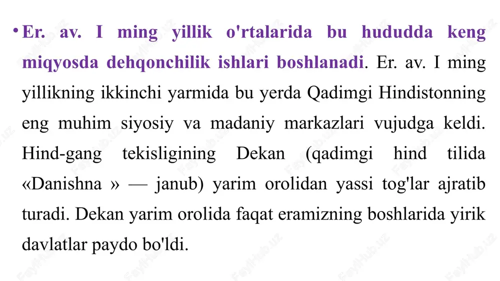 qilish yuzasidan muhim ishlar qilindi. jumladan, sharqning muqaddas kitoblari 50 tomli (oksford universitetida maks myuller asos solgan) seriya, ko'p tomli sanskrit lug'atlari paydo bo'ldi. xix asrning oxirida t.ris, devids pali tilidagi matnlarini o'rganish va chop etish jamiyatini tashkil etdilar. xix asrning 70-yillari xx asrning boshlarida hindistonda arxeologik qazishlar boshlandi. asrimizning 20—30-yillarida janubiy osiyoning eng qadimgi hind sivilizatsiyasi ochildi. xx asr boshlarida hindshunoslikning umumiy konsepsiyasida yevrosentrizm an'anasi kuchli edi. qadimgi hind jamiyati turg'un, mustaqil taraqqiyotga qobiliyatsiz, hind davlati teokratik va despotik, tafakkur chalg'itilgan va faqat diniy deb talqin qilindi. hindistonga makedoniyalik iskandarning yurishini siyosiy ahamiyati bo'rttirib ko'rsatildi. hind madaniyatining muhim yutuqlari (epik asarlar, poeziya, teatr) yunonlardan o'zlashtirilgan deb ko'rsatildi. faqat xx asrning birinchi yarmida hind milliy tarixnavisligining juda katta tadqiqotlari bunday qarashlarning asossizligini ko'rsatdi. hind milliy tarixnavisligi manbalarda ko'p hollarda yetarlicha tanqidiy tahlil etilmaydi. qadimgi tarix ma'lum darajada modernizatsiya qilindi. qadimgi hind sivilizatsiyasi. janubiy osiyoda eng qadimgi bo'lgan hind sivilizatsiyasi hind …