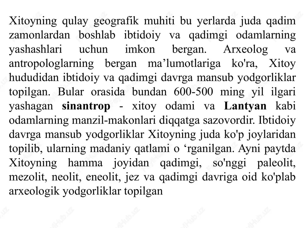 i asrlarda. boshqa qadimgi sharq mamlakatlari kabi qadimgi xitoy tarixini organishning o'ziga xos ilmiy manbalari bor. bular qadimgi hujjatlar. jumladan m. av. ii mingyilikka oid suyaklardagi hamda toshbaqa kosalari ustidagi yozuvlar bo‘lib ular shan-in davlati davridagi (m.av.xviiixii asrlar) qadimgi xitoyning xo'jalik, ijtimoiy va davlat tuzumini tasvirlashga imkon birmuncha beradi. diniy marosimlarda ishlatiladigan jez davri idishlaridagi yozuvlar bu davrning oxirgi, shuningdek, m.av. xii-viii asrlarga oid manbalardir. bu yozuvlar orasida hadya yorliqlari ham uchraydi. sin sulolasi, ya'ni m.av. iii asrga oid tosh barabanlardagi yozuvlar ham katta ahamiyatga egadir. m.av. iii va milodiy 111 asrga oid xan sulolasi davriga mansub bo'rtma suratlar ham qadimgi xitoy tarixi va madaniyatini o'rganishda juda muhim manba hisoblanadi. davri aniqlanmagan yozma manbalar orasida lu podsholigi davrida, ya’ni m.av.viii-v asrda to'plangan “chun-syu” va “bahor va kuz” kitobi alohida o'rin egallaydi. bu kitobning muallifi haqida turli fikrlar bor. ba’zi rivoyatlarga ko'ra, “chun-syu” kitobining muallifi konfutsiy deyiladi. o 'sha davrda yaratilgan …