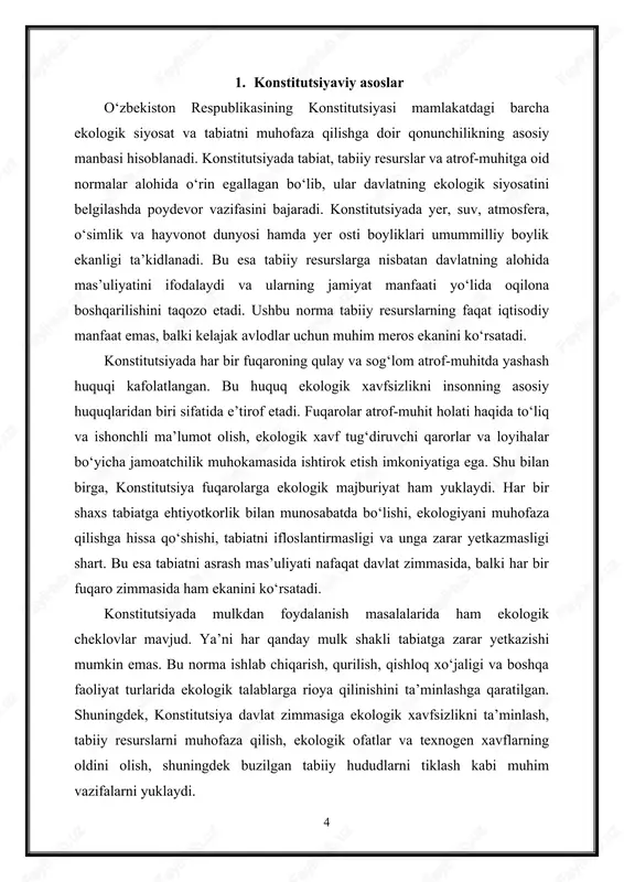 ofaza qilishga doir qonunlar o‘zbekiston respublikasida tabiatni muhofaza qilish sohasidagi huquqiy tartibotning asosiy qismi oliy majlis tomonidan qabul qilingan qonunlar orqali amalga oshiriladi. ushbu qonunlar mamlakatda ekologik xavfsizlikni ta’minlash, tabiiy resurslardan oqilona foydalanish, atrof-muhitni saqlash va ekologik muammolarni bartaraf etishning aniq mexanizmlarini belgilab beradi. tabiatni muhofaza qilishga doir qonunlar konstitutsiyada belgilangan ekologik tamoyillarni amalda ro‘yobga chiqarishga qaratilgan bo‘lib, ular ekologiya sohasidagi davlat siyosatining asosiy yo‘nalishlarini tashkil etadi. oliy majlis tomonidan qabul qilingan eng asosiy huquqiy hujjatlardan biri bu “tabiatni muhofaza qilish to‘g‘risida”gi qonundir. ushbu qonun ekologik siyosatning umumiy tamoyillarini, ekologik nazorat tizimini, ekologik monitoringning vazifalarini, tabiatdan foydalanish qoidalarini hamda tabiiy boyliklarni muhofaza qilishning asosiy tartiblarini belgilaydi. qonunda davlat ekologik siyosatining maqsadlari, ekologik muhofaza qilishning huquqiy va tashkiliy asoslari, ekologik talablarga rioya qilinishi ustidan nazorat qilish jarayonlari batafsil ko‘rsatilgan. shuningdek, ekologik ekspertiza ham ushbu qonun orqali majburiy jarayon sifatida belgilangan bo‘lib, har qanday loyiha yoki faoliyat atrof-muhitga ta’sir darajasiga ko‘ra baholanishi …