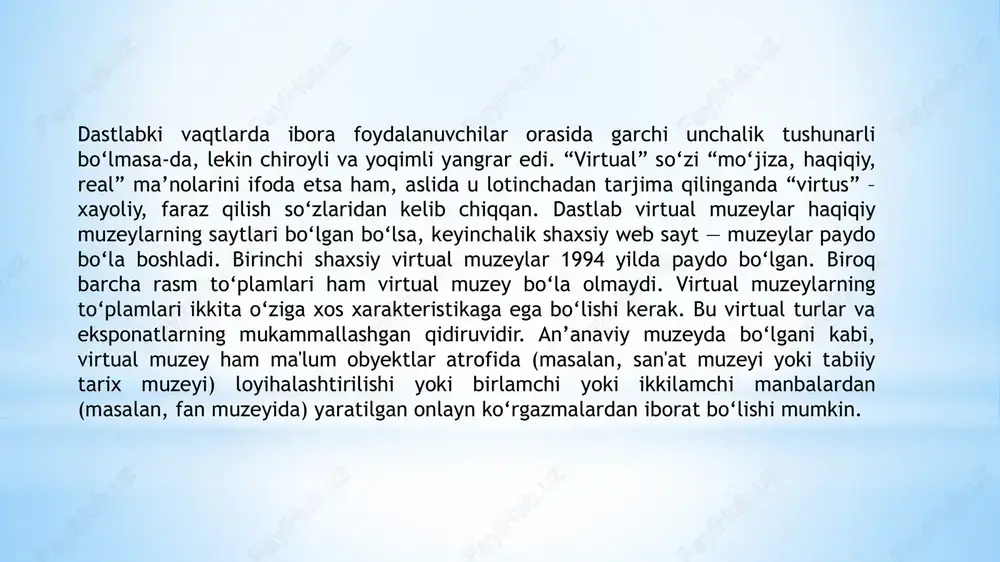 hda innovatsion raqamli texnologiyalardan foydalanishni rag‘batlantirishga qaratilgan siyosat va protseduralarni takomillashtirish;  yangi texnologiyalar yordamida ma’lumotlardan foydalanish imkoniyatini ta’minlash uchun axborot resurslari va tizimlariga maksimal darajada ochiq va qulay kirishni ta’minlash;  raqamli funktsional imkoniyatlar, mahsulotlar va tizimlarning tezkor o‘zgarishini rag‘batlantirish uchun bulutli yechimlardan foydalanishni optimallashtirish. xulosa qilib aytganda, virtual muzeylardan foydalanishi orqali talabalar o‘tmish tarixni o‘rganadi, tarixning virtual olamiga sayohat qiladi. raqamli texnologiyalarni ularning idrok etishiga va oliy ta`lim tizimining asosiy ishtirokchilarining o‘zaro ta’sir o‘tkazish amaliyotiga ta'sirini chuqur o‘rganish uchun bir nechta misollarni o‘rganish strategiyasidan foydalanish maqsadga muvofiqdir. “virtual ekskursiyalar” — real muzey ekskursiyalaridan farq qilib, talabalarga muzey fondlariga virtual sayohat qilish imkoniyatini beradi. bunda u real hayotda ko‘ra olmaydigan muzeylarga ham sayohat qila olishi mumkin. talabalar,o‘quvchilar, umuman olganda sayohatchilar virtual muzeylarga sayohat qilish vaqtida ma’naviy merosning tarixiy ildizlarini anglab, tarixiy, adabiy, san’at namunalarini bir butun, yaxlit ma’naviy meros sifatida tushunishga erishishadi. e’tiboringiz uchun rahmat! image1.jpeg image2.jpeg image3.jpeg image4.png …