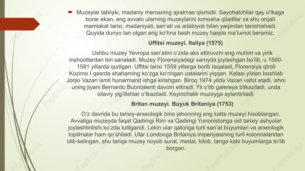 isodiyotiga hissa qo‘shadi. jahon muzeylari turli xil maqsadlar, yo‘nalishlar va mavzularni qamrab oladi. ularning asosiy turlari quyidagilardir: san'at muzeylari san'at muzeylari asosan san'at asarlarini saqlash, namoyish etish va tadqiq qilish bilan shug‘ullanadi. ular tasviriy san'at (rasmlar, haykaltaroshlik), amaliy san'at, zamonaviy san'at va boshqalar kabi turli san'at shakllarini o‘z ichiga oladi. misollar: parijdagi luvr muzeyi, new yorkdagi metropolitan san'at muzeyi, londonning milliy galereyasi. tarixiy muzeylar tarixiy muzeylar insoniyatning turli davrlaridagi tarixiy voqealar, sivilizatsiyalar, madaniyatlar va millatlar haqidagi ma'lumotlarni taqdim etadi. ular tarixiy eksponatlar, qadimiy hujjatlar, buyumlar va arkeologik topilmalarni namoyish etadi. misollar: londonning britaniya muzeyi, berlinning altes muzeyi, parijdagi qadimgi misr muzeyi. tabiatshunoslik muzeylari tabiatshunoslik muzeylari tabiiy fanlar, jumladan biologiya, geologiya, paleontologiya, ekologiya va boshqa fanlarni o‘rganadi. ular hayvonot va o‘simlik dunyosini, minerallarni, fossillerni va tabiatning boshqa elementlarini saqlaydi. misollar: new yorkdagi tabiat tarixi muzeyi, londondagi tabiat tarix muzeyi, parijdagi tabiat tarixi muzeyi. arkeologik muzeylar arkeologik muzeylar qadimiy sivilizatsiyalar, madaniyatlar va …
