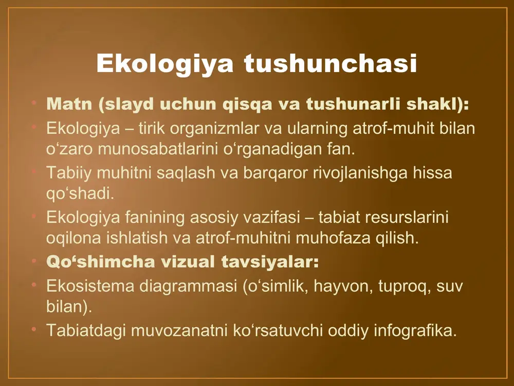 tashkil etiladi. ushbu talablar bolalarning tabiat bilan to‘liq va xavfsiz tanishishini ta’minlashga qaratilgan. asosiy punktlar: tabiat bilan tanishtirish dasturlari: bolalarni o‘simliklar, hayvonlar, suv va havo bilan tanishtirish. tabiatni kuzatish va oddiy eksperimentlar orqali bilishni rivojlantirish. ekologik o‘yinlar va mashg‘ulotlar: ekologik mavzularda o‘yinlar, qo‘shiq va hikoyalar orqali tarbiya berish. axlatni ajratish, daraxt ekish va suvni tejash kabi faoliyatlarni o‘rgatish. bolalarda ekologik odoblarni shakllantirish: tabiatga mehr va hurmatni singdirish. hayvonlarga zarar yetkazmaslik va o‘simliklarni asrash. atrof-muhitni ifloslantirmaslik qoidalarini o‘rgatish. tabiatni asrash bo‘yicha amaliy mashg‘ulotlar bolalarda ekologik ongni rivojlantirishning eng samarali usullaridan biri – amaliy mashg‘ulotlar orqali tabiatni asrashni o‘rgatishdir. asosiy yo‘nalishlar: bog‘larda va maktab hududida ekin ekish: daraxt va gullarni ekish orqali bolalarga tabiatga g‘amxo‘rlikni singdirish. o‘simliklar va daraxtlarni parvarish qilishni o‘rgatish. suv va energiyani tejash: kundalik hayotda suv va elektrdan oqilona foydalanish qoidalari. resurslarni isrof qilmaslikni amaliy misollar orqali ko‘rsatish. axlatni ajratib yig‘ish va qayta ishlash: plastmass, qog‘oz va metallni ajratib …