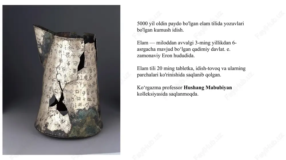 uyg'otadi. midiya va eron tarixi bo'yicha ma'lumot beradigan manbalardan biri bu yunon mualliflarining asarlari hisoblanadi. gerodot (er.av. v asr)ning tarixi, fukidid (er.av. v asr) tarixi, ksenofontning «yunon tarixi» asari, uning «anabasis» memuari, sitsiliyalik diodorning «tarixiy kutubxona»si kabi asarlar qadimgi fors tarixiga oid boy siyosiy, ijtimoiy, harbiy-diplomatik ma'lumotlar beradi. eronda mezolit va neolit davriga oid manzilgohlar, arxeologik topilmalar, kulolchilik buyumlari suza shahrining ilk qatlamlari yodgorliklari, eron poytaxt shaharlari suza, ekbatana, pasargad xarobalaridan topilgan ulug'vor haykallar, qoya tosh relyeflari qimmatbaho metallardan qilingan buyumlar-riton-qadahlar, harbiy qurollar va taqinchoq-bezaklar topib o'rganilgan. yevropa olimlari j. de margo va grishman bu qadimgi shaharlar xarobalarini o'rganib, eronshunoslik faniga muhim hissa qo'shdilar. qadimgi elam er.av.vii-vi-ming yilliklarda g'arbiy eronda dehqonchilik bilan shug'ullanadigan o'troq va ko'chmanchi chorvador qabilalar er.av. vi—v ming yilliklarda eronning boshqa hududida tarqaladi. er. av. iii ming yillik boshlarida janubiy g'arbiy eronda elamtu (bobil va osur tilida «mamlakat») yoki elam ilk davlat birlashmasi shakllanadi. elam mesopotamiya hamda …