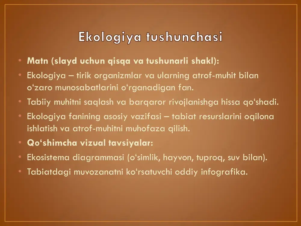 rining asosiy punktlari • maktabgacha ta’lim muassasalarida ekologik tarbiya davlat tomonidan belgilangan talablar asosida tashkil etiladi. ushbu talablar bolalarning tabiat bilan to‘liq va xavfsiz tanishishini ta’minlashga qaratilgan. • asosiy punktlar: • tabiat bilan tanishtirish dasturlari: • bolalarni o‘simliklar, hayvonlar, suv va havo bilan tanishtirish. • tabiatni kuzatish va oddiy eksperimentlar orqali bilishni rivojlantirish. • ekologik o‘yinlar va mashg‘ulotlar: • ekologik mavzularda o‘yinlar, qo‘shiq va hikoyalar orqali tarbiya berish. • axlatni ajratish, daraxt ekish va suvni tejash kabi faoliyatlarni o‘rgatish. • bolalarda ekologik odoblarni shakllantirish: • tabiatga mehr va hurmatni singdirish. • hayvonlarga zarar yetkazmaslik va o‘simliklarni asrash. • atrof-muhitni ifloslantirmaslik qoidalarini o‘rgatish. tabiatni asrash bo‘yicha amaliy mashg‘ulotlar • bolalarda ekologik ongni rivojlantirishning eng samarali usullaridan biri – amaliy mashg‘ulotlar orqali tabiatni asrashni o‘rgatishdir. • asosiy yo‘nalishlar: • bog‘larda va maktab hududida ekin ekish: • daraxt va gullarni ekish orqali bolalarga tabiatga g‘amxo‘rlikni singdirish. • o‘simliklar va daraxtlarni parvarish qilishni o‘rgatish. …