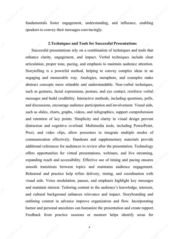 coordination with visual aids. voice modulation, pauses, and emphasis highlight key messages and maintain interest. tailoring content to the audience’s knowledge, interests, and cultural background enhances relevance and impact. storyboarding and outlining content in advance improve organization and flow. incorporating humor and personal anecdotes can humanize the presentation and create rapport. feedback from practice sessions or mentors helps identify areas for 5 improvement. confidence and enthusiasm are critical in conveying authority and passion for the topic. backup plans for technical issues and equipment failures ensure the presentation proceeds smoothly. combining these techniques and tools strategically increases overall effectiveness, comprehension, and audience satisfaction. mastering presentation tools and techniques is essential for professional success and effective communication in academic, corporate, and social settings. 3.challenges and best practices in presenting presenting effectively involves overcoming several challenges that can affect the success of a presentation. one of the most common challenges is nervousness or …