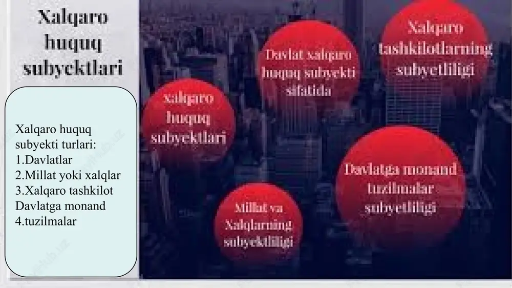 y ; -protsessual. amal qilish vaqti bo‘yicha: - muddatli; - muddatsiz. amal qilish doirasi bo‘yicha: - universal; - mintaqaviy; - mahalliy. xalqaro-huquqiy tartibga solish mexanizmidagi roli bo‘yicha: - tartibga soluvchi; - muhofazalovchi. xalqaro huquq manbalarini xalqaro-huquqiy normaning ifodasi shakli sifatida hisoblash odat tusiga kirgan. xalqaro huquq normalari ikkita ma’noda tushuniladi: moddiy (jamiyat hayotining moddiy sharoiti) va rasmiy (huquq normasining ifodalanganlik shakli). ular davlatlar tomonidan tan olingan biron bir davlatning erkini, istak-xohishini muvofiqlashtirish natijasining namoyon qilish shakli, shuningdek xalqaro-huquqiy normalami qayd qilish shakli hisoblanadi. xalqaro huquqda barcha manbalar ikkita asosiy guruhga bo’linadi: asosiy va yordamchi xalqaro huquqning asosiy manbalari bo’lib xalqaro shartnomalar va odatlar hisoblanadixalqaro huquqning asosiy manbalari bo’lib xalqaro shartnomalar va odatlar hisoblananishi bmtning hujjatlarida keltirib o’tilgan. xalqaro huquqning asosiy manbalari bo’lib xalqaro shartnomalar va odatlar hisoblanadi foydalanilgan adabiyotlar davlat va huquq tarixi 2023 xalqaro huquq. a.saidov. 2012 “o’zbekiston xalqaro munosabatlar subyekti” maqola. malikov sharifjon image11.jfif image12.jfif image13.jfif image14.jfif image15.jfif …