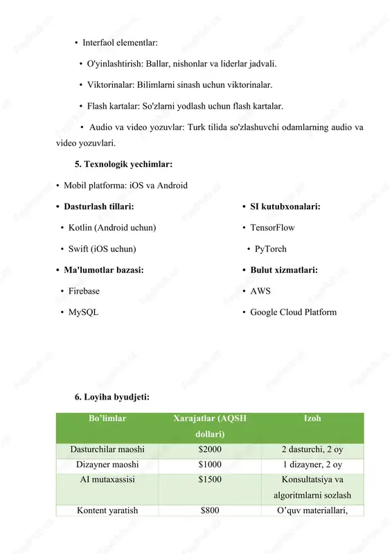 hamkorlik • seo optimallashtirish: ilovani google play va app store'da qidiruv natijalarida yuqori o'rinlarga chiqarish. • pr: matbuot anjumanlari, press-relizlar 9. loyiha natijalari: • uch yil ichida 100,000+ yuklab olish • ilova do'konlarida 4.5+ reyting • obuna orqali $100,000 yillik daromad 10. aniq hisob-kitoblar: • dastlabki xarajatlar $8800 • har bir obunachi narxi (cac): $2 (marketing xarajatlari / obunachilar soni) • har bir obunachidan olinadigan daromad (arpu): $50 (yillik obuna) • investitsiya qaytarilishi (roi): 2 yil ichida mobil ilova interfeysi: • bosh sahifa: • o'quv kursi sahifasi: • o'quv kurslari ro'yxati • darslar ro'yxati • kundalik vazifalar • o'quv materiallari • progress panel • mashqlar va testlar • eslatmalar • lug'at • shaxsiy profil: • profilni sozlash • obuna sozlamalari • progressni ko'rish • yordam ushbu loyiha nafaqat turk tilini o'rganishni osonlashtiradi, balki zamonaviy texnologiyalar yordamida til o'rgatishning yangi usullarini namoyish etadi. shuningdek, u o'zbekistonda it sohasining rivojlanishiga va yangi …