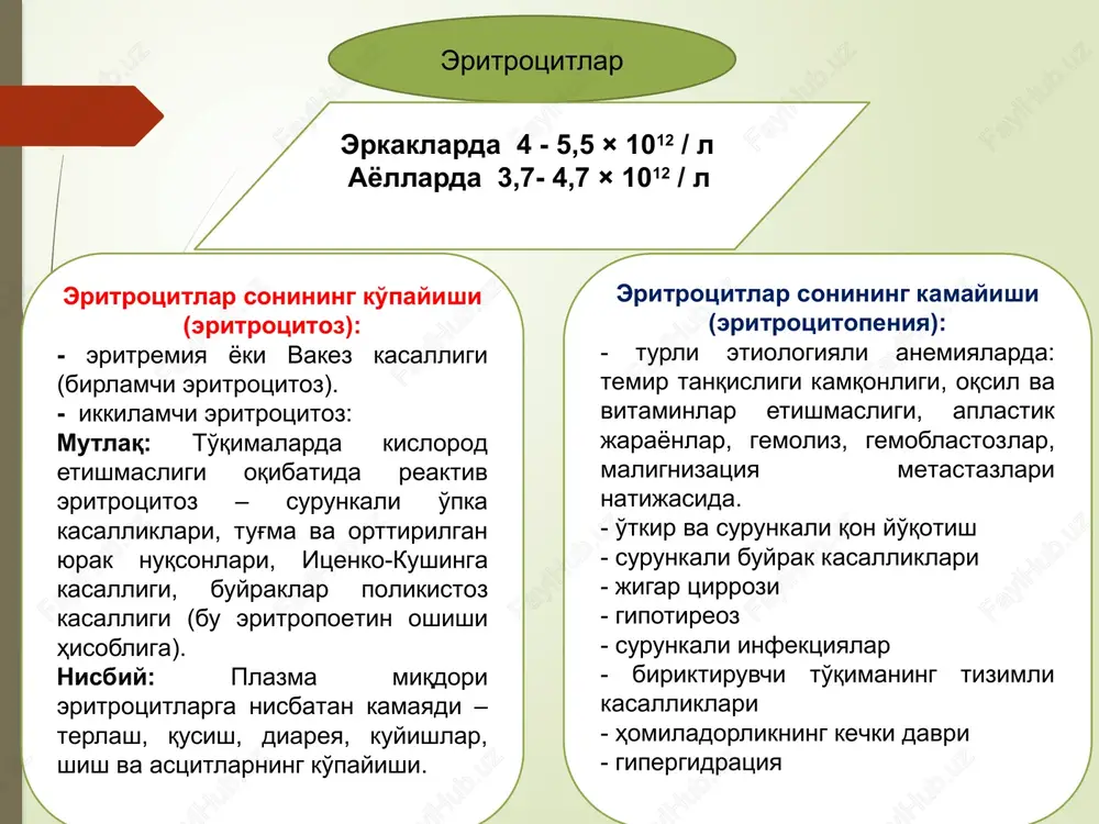 a - 1-10 mm/ s, ayollarda 2-15 mm /s echt-eritrotsitlar chukish tezligi echt pasayadi: vakez kasalligi, surunkali qon aylanishining etishmovchiligi, virusli infektsiyalar. echt oshadi: homiladorlik, tug'ruqdan keyingi davr, hayz, anemiya, surunkali va infektsion kasalliklar, infarkt miokard, nefrotik sindrom, yallig'lanish, biriktiruvchi tuqima kasalliklari, xavfli usmalarva travmalarda normada: erkaklarda - 1-10 mm/ s, ayollarda 2-15 mm /s image1.jpeg image2.jpeg /docprops/thumbnail.jpeg