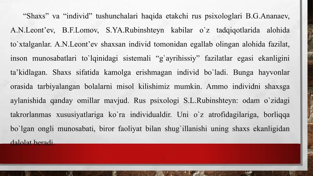 axsni real mavjud bo`lishi uchun uni predmetlar bilan faoliyat jarayondagi munosabatini o`z ichiga olib, insonni ma’lum xarakteristikalarini fazoda individni organik tanasidan tashqarida izlash lozim bo`lib, u shaxsning interindivid tuzilmasini tashkil qiladi. 3. individ usti (metaindivid) tuzilma markazida insonni faoliyat jarayonida insonlardan muloqat jarayonida boshqalarga ta’sir va boshqalardan olinadigan ta’siri sifatida namoyon bo`lib, u persona ravishda namoyon bo`ladi. a.v.petrovskiy o`z strukturasiga 3 tuzilmani kiritgan. bu shaxs individualligi, uni shaxslararo munosabatlarda namoyon bo`lishi va boshqa insonlargan ta’sir eta olishi bo`lib, shaxs doimo shu uchlikda namoyon bo`lishi va individlararo, ijtimoiy munosabatlar sub’ekti sifatida mavjud bo`lishi lozim. yo´nalganlik ehtiyojlar, qiziqishlar, ideal, e’tiqod, etakchi motivlar, xulq-atvor va dunyoqarashda namoyon bo´ladi. bilim, ko´nikma va malaka bilish, o`qish faoliyati natijasida hayot jarayonida orttiriladi individual tipologik xususiyatlar temperament, xarakter va qobiliyatdan namoyon bo´ladi s.l.rubeshteyn bo`yicha shaxs strukturasi quyidagi ko`rinishga ega: 3. shaxsning faoliyatini yo`naltirib turadigan va mavjud vaziyatlarga nisbatan bog`liq bo`lmagan barqaror motivlar majmui kishi shaxsning yo`naltirilganligi deb …