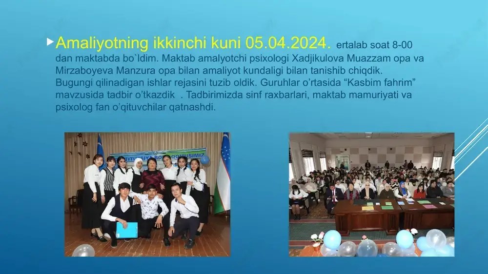 usullarini kuzatish. o’quvchilarni fanga bo’lgan qiziqishlarini aniqlash. boshlang’ich va o’rta sinf o’quvchlari bilan ,,ko’chadagi hulq atvor va xavfszlik qoidalari togrsda,, mavzusi yuzasidan treninig mashg’ulot o’tqazdim .mashg’ulot orqali o’quvchilar hafsizlik qoidalari bo’yicha ma’lumotga ega bo’lishdi . amaliyotning o’n to’rtinchi kuni 20.04.2024. bugungu amaliyot davrimda bilimlarimi mustaxkamlash va takomilashtrish maqsadida o’quvchilar bilan trening o’yinlar mashg’ulotlar o’tkazdim. yuqori sinf o’quvchilari bilan ,,tanqidi va ijodi fkrlash’’ trening mashg’uloti ko’tarinki ruxda o’tkazildi.o’quvchilar tanqidi fikrlashni rivojlantirib usulari hamda ijodi fikirlashni targ’ib qilishdan asosi maqsadlar keltrib o’tilib o’z o’zini boshqaradigan va o’z o’zini to’g’rladigan fikrlash shakli ekanligi haqida ko’nikmlar berildi. xullosa. malakaviy amaliyot davri har bir talaba uchun o’ziga xos imtixon hisoblanadi.pedagogik amaliyot vaqtida o’qish jarayonidagi barcha kamchiliklar yaqqol ochilib qoladi.bunday vaziyatlarda birinchi kundayoq to’g’ri yo’l tanlash, yani o’quvchilar bilan munosabatga kirish usullarini to’g’ri tanlash juda muhim hisoblanar ekan.shuningdek amalyot davrida talaba nafaqat o’quvchilar bilan balki maktab o’qituvchilari va ish olib boruvchilar bilan ham ishlash kerak ekan. …