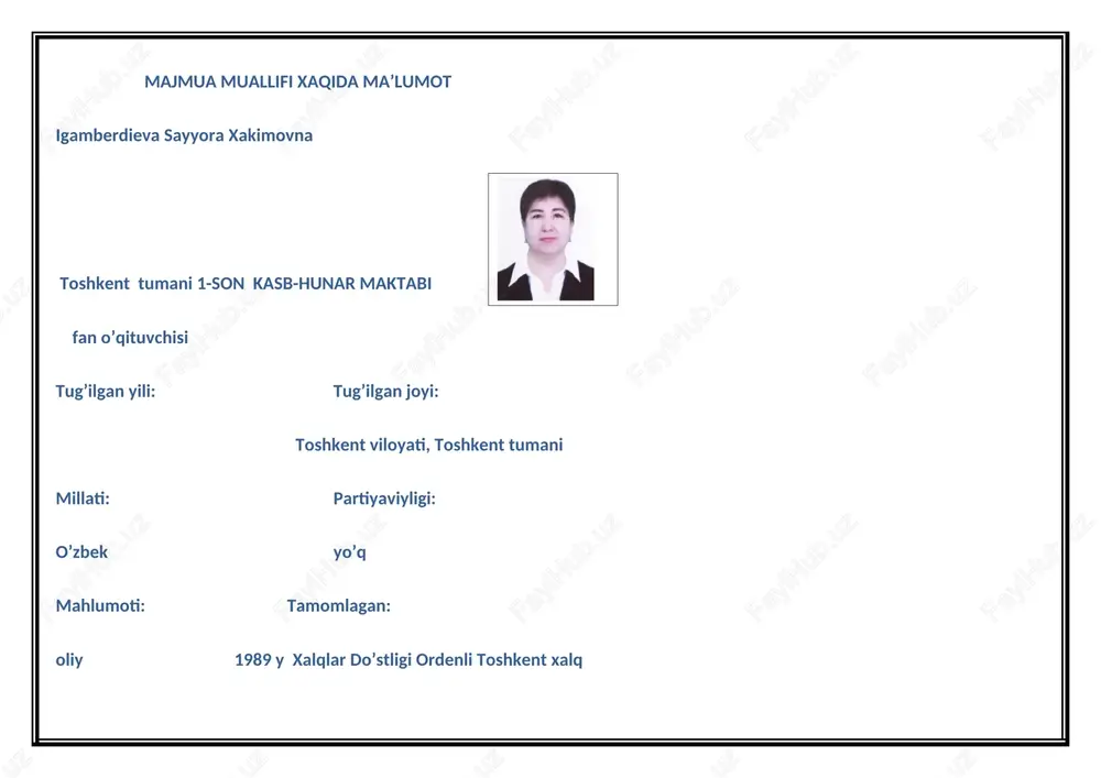 operasiyalar 2 nazariy mashg’ulot yozma,ogzaki , savol- javob,test 23 tadbirkorlik subhektlarini soliqqa tortish tartibi 2 amaliy mashg’ulot 1 yozma,ogzaki , savol- javob,test 24 o’zbekiston respublikasi soliq tizimi va uning tarkibiy tuzilishi. 2 nazariy mashg’ulot yozma,ogzaki , savol- javob,test 25 biznes hamkorlarni tanlash va ular bilan ishlash 2 amaliy mashg’ulot 2 yozma,ogzaki , savol- javob,test 26 ish izlash, o’zini o’zi band qilish va ishga yollash imkoniyatlari 2 nazariy mashg’ulot 2 yozma,ogzaki , savol- javob,test 27 shaxsiy hujjatlar (rezyumelar) tayyorlash, taqdim etish va ishga yollashga oid hujjatlar bilan ishlash texnologiyasi. 2 amaliy mashg’ulot yozma,ogzaki , savol- javob,test 28 biznes-reja ishlab chiqish va muvaffaqiyatli taqdim etish 2 amaliy mashg’ulot 2 yozma,ogzaki , savol- javob,test 29 biznes-rejani ishlab chiqishdagi muhim jihatlar va yo’l qo’yiladigan kamchiliklar 2 amaliy mashg’ulot yozma,ogzaki , savol- javob,test 30 biznes-rejani muvaffaqiyatli taqdim etish qoidalari 2 amaliy mashg’ulot 2 yozma,ogzaki , savol- javob,test jami 60 30 asosiy adabiyotlar ro`yxati 1. o’zbekiston …
