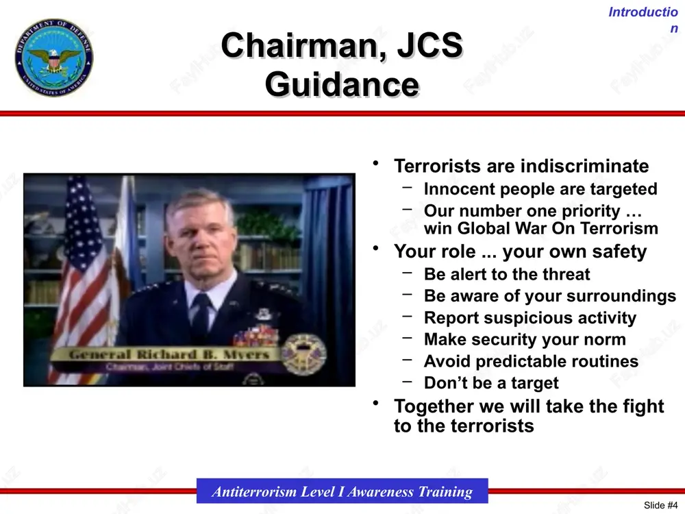 e fight to the enemy, defending america and our freedoms.” lesson map introduction scenario historical examples introduction slide #‹#› antiterrorism level i awareness training 5 this is the structure of this training. it begins with an introduction to terrorism and a threat briefing. next, there is an oconus-specific scenario in which you can examine the actions you should take to increase your safety in various situations. finally, several historical incidents illustrate the importance of good antiterrorism safety. threat briefing and dod systems threat briefing factors to consider about the threat how terrorists select targets how terrorists identify targets dod systems terrorism threat levels & warnings force protection conditions introduction slide #‹#› antiterrorism level i awareness training 6 the training begins with a threat briefing covering these ideas. if you understand how terrorists operate, you can understand ways to protect yourself. try to anticipate what you can do to avoid becoming …