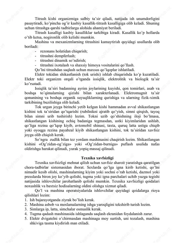 si orqali so’rib olingan havo atmosferaga chiqarib yuborishdan oldin zararli moddalardan tozalanadi. retsirkulyatsiya uchun tsexga qayta yuboriladigan havo zararli moddalarning miqdori 0,3 ykbk dan oshmasligi kerak. hozirgi kunda changli havoni tozalovchi uskunalarning ko’plab turlari mavjud. ishlab chiqarish sharoitida yoritganlik ishchilar salomatligiga zarar yetkazmasligi uchun u ko’zni zo’riqtirmaydigan, ish vaqtida xonaning hamma qismlarida bir tekis taqsimlangan bo’lishi talab qilinadi. yorug’lik ko’zni qamashtirmaydigan bo’lishi, yorug’lik nurlari ko’zga to’g’ridan-to’g’ri tushmasligi kerak. ma’lumki, tabiiy yorug’lik manbai quyoshdir. sun’iy yorug’lik manbai esa elektr energiyasi bo’lib, u cho’g’lanma va lyuminestsent lampalar orqali amalga oshiriladi. lyuminestsent lampalar ishchilarni kamroq toliqtiradi, ranglarni idrok qilish qobiliyatlari ortadi. turli balandlikdagi va chastotadagi tovushning tartibsiz ravishda qo’shilib eshitilishi shovqin deb ataladi. tovush fizik holat sifatida, suv va boshqa tarang muhitdan kelib chiqadigan to’lqinsimon harakatlardan iborat. shovqin kasbiy kasallikka olib kelishi mumkin. u boshni aylantirib, miyada og’riq turg’izadi va quloq shang’illab asab sistemasiga ham yomon ta’sir qiladi. ayniqsa fikrni to’plab, aqlli ish …