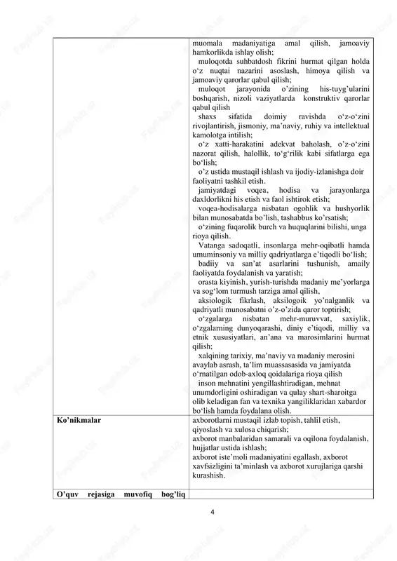 sodiy islohotlar va ijtimoiy siyosat 3 n 10. o‘zbekistonda etnik va konfessiyalararo munosabatlar 2 n 11. ta’lim tizimi islohotlari va kadrlar tayyorlash 2 n 12. mustaqillik yillarida ilm-fanva sportning rivojlanishi 6 n 1 13. mustaqillik yillarida o‘zbekistonda ma’naviy va madaniy taraqqiyot 2 n 14. o‘zbekiston respublikasining tashqi siyosati va ikki tomonlama munosabatlari 5 n 6 15. o‘zbekiston respublikasining ko‘p tomonlama hamkorlik aloqalarining rivojlanishi 5 n 1 jami 70 66 4 16. 1918–1939-yillarda jahon mamlakatlari ijtimoiy-iqtisodiy, siyosiy va madaniy hayoti 15 n 1 17. 1939–1991-yillarda jahon mamlakatlari ijtimoiy-iqtisodiy, siyosiy va madaniy hayoti 20 n 1 18. xx asr oxiri xxi asr boshlarida dunyo mamlakatlari 3 n 19. 1991 – 2017-yillarda dunyo mamlakatlari 26 n 1 20. yangi ming yillik jahon sivilizatsiyasi muammolari 6 n 1 jami 70 66 4 140 132 8 3. o’quvchilarning bilim va ko’nikmalarini baholash o’quv moduli davomida o’tkazilgan mavzular bo’yicha o’quvchilar tomonidan o’zlashtirilgan bilim va ko’nikmalar ichki …