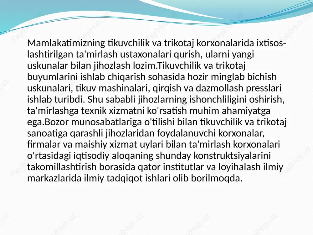 r. bu mashinada ustki ip vertikal ilgarilanma-qaytma harakatlanuvchan to'g'ri ignadan, ostki ip esa gorizontal harakatli bukik ignadan uzatilar edi. 1858 yili «vil`kokk – jibss» firmasi aylanma harakatlanuvchan ikki ipli zanjirsimon baxyali tikuv mashinasini ishlab chiqara boshladi.shu davrdan boshlab ingliz tomas eyt, germaniyalik villi pfaff va deton nauman, shved xuskvarno va boshqalarning tikuv mashinalarini ishlab chiqaruvchi, loyihalash va takomillashtirish ishlari bilan shug'ullanuvchi firmalari tashkil etiladi. 1870 yildan boshlab yaponiya, rossiya va boshqa davlatlarda «zinger» firmasi yig'uv ustaxonalarini tashkil etadi. bu ustaxonalarda chetdan keltirilgan detallardan tikuv mashinasi yig'ilar edi. o'tgan asrning 30–50-yillarida aqsh, buyuk britaniya, germaniya va frantsiya davlatlaridan tikuv mashinalariga 30 dan ortiq patent olingan va katta hajmda ishlab chiqarila boshlangan.hozirgi vaqtda jahonda tikuv mashinalarini ishlab chiqaruvchi 100 dan ortiq firma va korxonalar mavjud. shulardan eng yirik firma va mashinasozlik korxonalari haqida to'xtalamiz. «zinger» mashinasozlik firmasi tashkil qilinganidan hozirga qadar asosan teri va tikuvchilik mahsulotlarini tayyorlashga mo'ljallangan moki baxyali maishiy va …
