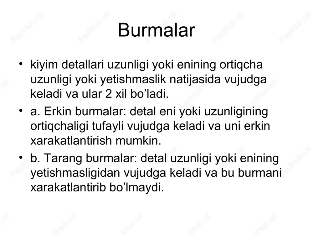 rdan va yon choklardan xaltimlar bor; ort bo’lak ham belga yopishib turmaydi hosil bo’lish sababi: bel chizig’i ko’tarilgan bartaraf etish usuli yangi bel chizig’i bo’ylab vitachkalar va yon qirqimlari gavdasiga muvofiq boshqatdan bo’rlab chiqiladi; kiyim etagi uzaytiriladi. yelka choklari ort bo’lak tomonga surilgan, old bo’lak yuqori ko’tarilgan hosil bo’lish sababi: ort bo’lak bo’yi gavdaga mos emas bartaraf etish usuli butun yelka qirqimi va yoqa o’mizi bo’ylab gazlama zapasi chiqarib, ort bo’lak uzaytiriladi. agar zapas kam bo’lsa yoki bo’lmasa, ort bo’lak etagidagi chok haqi hisobiga uzaytirilib, yon chok bo’ylab yuqori ko’tariladi. yeng o’mizi shuncha chuqurlashririladi. e’tiboringiz uchun rahmat !