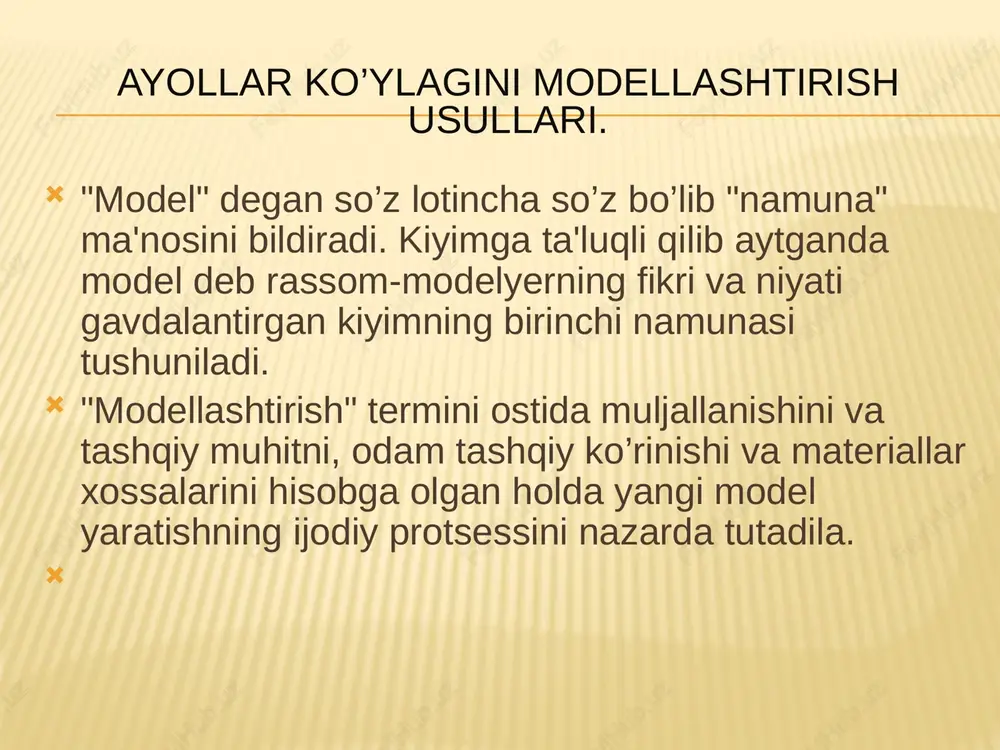 usida ishlatishni butun guruh hal qiladi. “aqliy hujum” metodini qo’llab o’tishning ishlab chiqish qoidalari. o’zaro baholash va tanqidga o’rin yo’q. taklif etuvchi g’oyalar fantastik va g’aroyib bo’lsa, ham ularni baholashdan saqlang hammaning fikr bildirishiga ruxsat etiladi. tanqid qilmang barcha bildiriluvchi fikrlar teng qimmatli. so’zga chiqqan kishining gapini bo’lmang! e’tirozlardan saqlang! qancha ko’p fikr aytilsa, shuncha yaxshi yangi va qimmatli fikr paydo bo’lishi ehtimoli ko’proq. fikrlar takrorlansa xafa bo’lmang va uyaltirmang! tasavvur qilishga ruxsat bering! bu muammo faqat ma’lum metodlar bilan hal etishi mumkin deb o’ylamang. 1-guruh uchun topshiriq yeng o’mizidan bo’rtmaga vitochkalarni qanday usullarini bilasiz va izoxlang? 2-guruh uchun topshiriq yoqa o’miziga vitochka uchun qanday texnik talablar qo’yiladi? 3-guruh uchun topshiriq 3.yoqa o’mizidan ikki qarama-qarshi taxlanmali ko’krak qismi qanday modellshtiriladi? dazmollash qalin yupqa bichish tikish gazlama ip va jundan to'qilgan yumshoq mato material «sinkveyn» metodi «t - sxema» texnikasi - bu texnologiya murakkab, ko’p tarmoqli, mumkin qadar muammo xarakteridagi mavzularni …