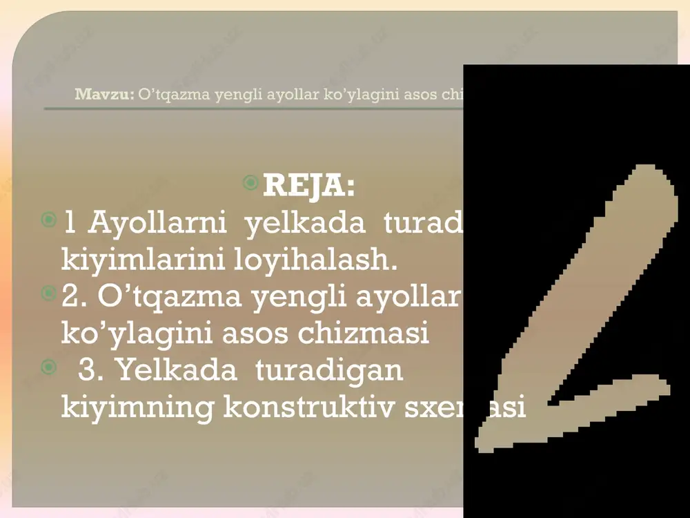 pobo’yin18.3:3+1=7.1 5-6=1|4(1-5)+0.5=7.1:4+0.5=2.1 6-7=vyelka=6.4 7-8=shyelka=13.3 8-9=2.5+0.5=3 6-8=shyelka+pvitoch+psolqi= =13.3+2.5+0.5=16.3 ko’ylak orqa bo’lak loyixa chizmasi. t4-16÷2.5=1.0 16-17=dold.bel+pdold.bel=44.3+1.5=45.8 17-18=1-5=7.1 17-19=17-18+1=7.1+1=8.1 18-20=6-7-1.5=6.4-1.5=4.9 "modellashtirish" termini ostida muljallanishini va tashqiy muhitni, odam tashqiy ko’rinishi va materiallar xossalarini hisobga olgan holda yangi model yaratishning ijodiy protsessini nazarda tutadila. konstruktiv (texnik) modellashtirish deb kiyim detallari andazasini yoki ularning chizmalarini munosib keladigan baza asosida eskizga yoki yangi model nuskasiga qarab ishlab chiqarilishini muxandislik jarayoniga aytiladi. modellarni o’rganish va analiz qilish jarayonida avvalombor ularning xususiyatlarini va qanday baza asosga tugri kelishini aniqlaydilar. modellar eskizdan yoki tayyor kiyim nusxasidan o’rganiladi. vizual materiallar foydalanilgan adabiyot va manbalar. 1. pfaf zinger» ayollar yengil kiyimini konstruksiyalash va modellsh.toshkent -2003 «o’qituvchi»; 2. xasanbayeva g.k., krimova o.i. «kiyim modelini ishlash va konstruksiyasini tayyorlash» toshkent -1990 yil; www. osinka.ru -http://tvorime-gloryan.com -http://www.prosv.ru -www.mirkning.com/knigi/hobby-remesla/ -http://www.modeling-designing.narod.ru o’quv maqsadlari: o’quv mashg’ulotining ta’limiy maqsadi: ayollar yelkaga oid kiyimlari haqida tushuncha berish, yelkaga oid kiyimning konstruktiv tuzilishi tahlil qilish, ko’ylak loyihasi uchun boshlang’ich ma’lumotlarni …