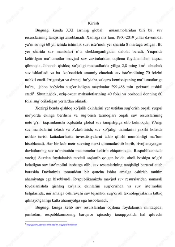 uv manbalarini izlash va o’zlashtirish, suv xo’jaligi tizimlarini yaxshi holatda ushlab turish kattadan-katta investitsiyalarni talab qilishi mumkinligi ma’lum hisoblanadi. har bir kub metr suvning narxi qimmatlashib borib, rivojlanayotgan davlatlarning suv ta’minotida muammolar keltirib chiqarmoqda. respublikamizda xozirgi suvdan foydalanish modeli saqlanib qolgan holda, aholi boshiga to’g’ri keladigan suv iste’molini inobatga olib, suv resurslarining tanqisligi bartaraf etish borasida davlatimiz tomonidan bir qancha ishlar amalga oshirish muhim ahamiyatga ega hisoblandi. respublikamizda mavjud suv resurslaridan samarali foydalanishda qishloq xo’jalik ekinlarini sug’orishda va suv iste’molini belgilashda, uni amalga oshiruvchi suv tejamkor sug’orish texnologiyalarini tatbiq qilinayotganligi katta ahamiyatga ega hisoblanadi. bugungi kunga kelib suv resurslaridan oqilona foydalanish mintaqada, jumladan, respublikamizning barqaror iqtisodiy taraqqiyotida hal qiluvchi 1 http://www.cawater-info.net/int_org/icid/index.htm http://www.cawater-info.net/int_org/icid/index.htm 5 masalalardan biriga aylangan sharoitda, asosiy qishloq xo’jaligi ekinlarini suv tejamkor sug’orish texnologiyalarini va sug’orish texnikasi elementlarini aniqlash va joriy qilish katta ahamiyatga egadir. o’zbekiston respublikasi prezidentining 2017 yil 7 fevraldagi pf-4947-sonli farmoni bilan tasdiqlangan «2017–2021 yillarda o’zbekiston …