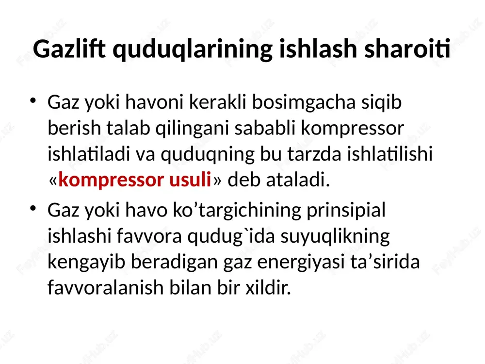 gich; v) xalqa tizimli ikki qator ko’targich; g) xalqa tizimli ikki qatorli pog’anali ko’targich (biryarim qatorli); d) g.a.babalyan tuzilishli ko’targich;e-markaziy tizimli bir qator ko’targich. kompressor ko’targichni hisoblashda quyidagi o’zgaruvchan qiymatlar aniqlanadi: - cho’kish chuqurligi, suyuqlikning ko’tarilish sathi, cho’kish foizi, ko’targich quvurlari diametri; - haydaladigan ishchi agenti hajmi, ko’tariladigan suyuqlik miqdori. 4.3. gazlift quduq usti jixozlari kompressor qudug’i usti armaturasi o’rnatilib, u quduqka tushirilgan quvurlar tizmasini ko’tarish, quvurlar oralg’igini zichlash, quduq mahsulotini chiqish chizig’iga yo’llash va siqilgan gaz yoki havoni quduqqa yo’naltirish uchun xizmat qiladi. quduq tavsifiga qarab xar-xil turdagi armaturalardan foydalaniladi. agar quduq bosimi ishlatish vaktida uncha katta bo’lmasa, bir yoki ikki chiqishli yengil turdagi armaturadan foydalaniladi. quduqni ishga tushirish va ishlatish jarayonlarini bajarish uchun, ishlatish vaktida uchraydigan murakkabliklarni bartaraf etish, quduq usti jihozlari chiqishi va gaz haydash chiziqlari bilan ta’minlangan bo’ladi. eng sodda kompressor qudug’i usti jihozi rasmda keltirilgan. 4.3-rasm. kompressor qudug’i usti jixozlanish tarxi kompressorli quduqlarning og’zini jihozlash …