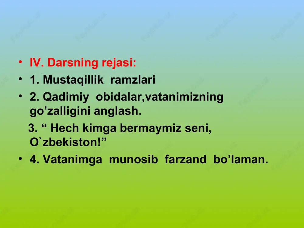 iyning tavallud topgan kuni(1441- 1501-yillarda) 14 – fevral zahriddin muhammad boburning tavallud topgan kuni (1483 – 1530-yillarda) 2 – mart o’zbekiston respublikasining bmt ga a’zo bo’lgan kuni(1992y.) 22 – mart mirzo ulug’bekning tavallud topgan kuni (1394-1449) 9 – aprel amir temurning tavallud topgan kuni(1336-1405-yillarda) 10 – aprel abdulla qodiriyning tavallud topgan kuni(1894-1938- yillarda) 27- iyun ommaviy axborot vositalari va matbuot xodimlari kuni (1993 y) o’zbekistondagi umumxalq bayramlari. 1- yanvar – yangi yil 8 – mart – xalqaro xotin – qizlar kuni 21 – mart – navro’z umumxalq bayrami 9 may – xotira va qadrlash kuni ( g’alaba kuni) 1 – sentabr - mustaqillik kuni 1 – oktabr o’qituvchilar va murabbiylar kuni 8 – dekabr – konstitutsiya kuni ramazon xayiti _______________________________ qurbon xayiti _________________________________ o’zbekistondagi viloyatlar samarqand viloyati – 16,400(kv.km) aholisi 2.322.000 sirdaryo viloyati – 5,100 (kv.km) aholisi 648.100.10 surxandaryo viloyati - 20800(kv.km) aholisi 1.676.000. buxoro viloyati – 39,400(kv.km) aholisi 1.384.700. …