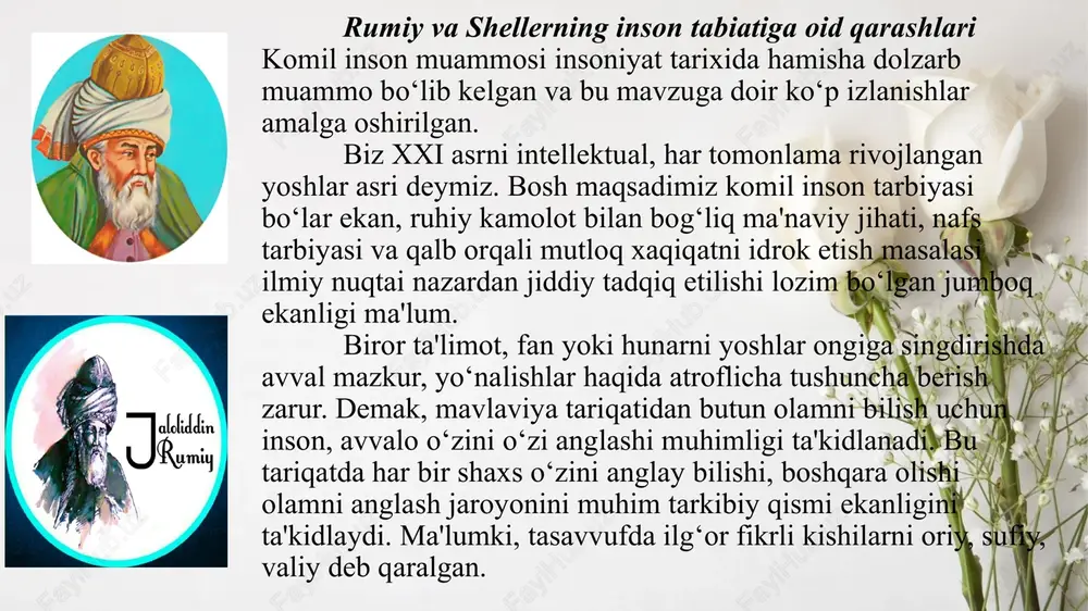 rumiyning “komil inson” konsepsiyasini falsafiy tahlil va tadqiq etishda ham yuqoridagi ikki holatni nazardan soqit qilmaslik kerak bo‘ladi. avvalambor, mavlono rumiy va uning merosini ilmiy tadqiq qilishda hamma vaqt uning serqirra shaxs ekanligini yodda tutish lozim. negaki, bu zot birinchidan, insonni komillikka eltuvchi ahloqiy sifatlarni eng ko‘p tarannum etgan mutasavvuf sifatida mashhur bo‘lsa, ikkinchidan, qanchadan-qancha muridu-shogirdlarni tarbiyalab kamolga yetgazgan tariqat shayxi va murshidi komili hamdir. uchinchidan, o‘z davrida shariat ilmining peshvosi sifatida faoliyat yuritgan zabardast ulamo hamdir. to‘rtinchidan, uning “masnaviy” asarini buyuk qur'onning she'riy tafsiri ekanligidan juda yaxshi xabardormiz. shu ma'noni nazarda tutib hazrati abdurahmon jomiy “masnaviy”ni “xast qur'on dar zaboni pahlaviy” deb bejiz aytgan emas. hazrati mavlono rumiyning insonni komillik darajasida ko‘rishni orzu qilgan holda ishlab chiqqan tasavvufiy konsepsiyasi, boshqa bunday konsepsiyalardan muayyan darajada farq qiladi. zotan, jaloliddin rumiyning o‘zi ta'kidlaganidek: ar valivu har nabiro maslakest, haq meravand jumla on yakest. (tarjima: har bir valiy va nabiyning o‘z maslagi …