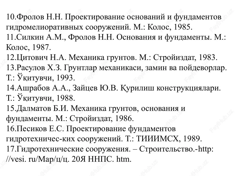 molalashtirish, bitumlashtirish, loylashtirish va boshqalar. bundan tashqari gruntlarni qotirishda termik usullar xam qo'llanilishi mumkin. qachonki yuqorida ko'rsatilgan usullarni qo'llash mumkin bo'lmasa yoki samarasi past bo'lsa, gruntlarni almashtirish usuli qo'llanilishi mumkin. (zamin) asos va poydevorlarni chegaraviy holatlar bo'yicha hisoblash asoslari inshootdan, unga quyiladigan talablar darajasida foydalanish imkoniyatlarini yo'qotuvchi holatlarga chegaraviy holatlar deyiladi. (zamin) asos va poydevorlar yuk ko'tarish qobiliyatlarining (mustahkamligi va ustivorliginining) yo'qotilishi yoki ularda ruxsat etilmagan deformatsiyalarning (cho'kish, siljish, poydevorning og'ishi va h. k.) sodir bo'lishi inshootlarning ushbu qismlari uchun chegaraviy holatlar bo'lib, bu holatlarni bartaraf etishga qaratilgan me'yoriy qoidalar majmui chegaraviy holatlar usuli deyiladi. poydevorning siljish va ag'darilishga nisbatan umumiy ustivorligi va uning zaminga nisbatan deformatsiyalanishi (cho'kishi, siljishi) esa zaminning holatiga bevosita bog'liqdir. shu sababli, zamin va poydevorlarni loyihalashga doir qoidalar asosan zamining chegaraviy holatlarini nazarda tutadi. (zamin)asoslarni loyihalashda chegaraviy holatlar ikki guruhga bo'linadi: 1. yuk ko'tarish qobiliyatining yo'qotilishi yoki foydalanishga butunlay yaroqsizlanishi bo'yicha; (test) 2. zamindan me'yoriy talablar …