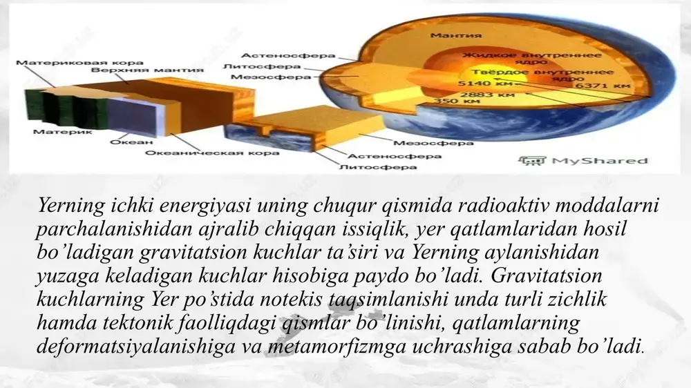 ashlandiq uzilmali – dizyuntiv dislokatsiyalar (ayrim-ayrim joylashgan uzik xolatdagi tog‘ jins-lari). qatlam-qatlam bo‘lib joylashgan tog‘ jinslari oddiy monoklinal shaklda, yahni qiya yotqizilgan xolatida ko‘proq uchraydi. ular antiklinal va sinklinal ko‘rinishida joylashadilar. yahni tog‘ jinslarining qatlamlarini kuzatib borsak, uning yuqoriga ko‘tarilganini, sekin-asta egilib gumbaz hosil qilganini va yonbag‘irlari qiyalashib pastga tushganini ko‘ramiz, uning ustida yotgan barcha qatlamlar ham xuddi shu tarzda egilib-bukilganini ko‘ramiz. bunga burmali dislokatsiya deyiladi. seysmik hodisalar yer qimirlashining kelib chiqishi va sodir bo‘lishi bilan bog‘liq bo‘lgan hodisalarga seysmik hodisalar deyiladi. bu hodisalarga geologik omillar va egiluv-chan to‘lqinlar tahsiri natijasida yerni birdaniga qo‘zg‘alishi kiradi. bu hodisalarni seysmologlar o‘rganadi. yer qo‘zg‘alishining asosiy sabablaridan biri yer yadrosidagi gazli erigan magmaga yer yoriqlari orqali ustki va o‘rta qatlamlardan suv yoki yor yuzidagi yangi paydo bo‘layotgan ayrim tog‘ jinslarining tushib yig‘ilishi natijasida kuchli kimyoviy reaksiyalar tahsirida portlash sodir bo‘lib, yer qo‘zg‘aladi va bahzan vulkan bo‘lib otilib chiqadi. ayrim xollarda yer qo‘zg‘alishi yer ostidan …