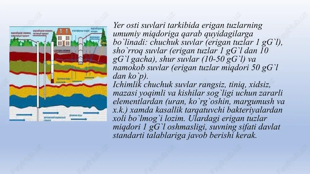 ik qattiqlik bikarbonat (nso3)lar xisobiga hosil bo`lib, suv qaynatilganda yuqolib ketadi. doimiy qattiqlik oltingugurtli va xlorli tuzlar xisobiga hosil bo`lib, suv qaynashi bilan yuqolmaydi. vaqtinchalik va doimiy qattiqliklar yig`indisi umumiy qattiqlik deyiladi. yer osti suvlarida erigan tuzlarning qurilish materiallarini yemirish xususiyati agressivlik deb ataladi. imorat va inshoot poydevorlarida ishlatiladigan portlandtsement betonlariga suv tarkibidagi ozod karbonot kislota (so2) agressiv ta`sir etadi. suv bilan tsementning o`zaro ta`siridan bog`lanmagan oxak sa (on)2 ajralib, suv tarkibidagi karbonat kislota bilan reaktsiyaga kirishadi. xosil bo`lgan bikorbonat kaltsiy sa (nso3)2 suvda tez eriydi va betondan tashqariga eritma xolida ajralib chiqadi, natijada beton yemiriladi. suv tarkibida oltingugurtli tuzlar miqdori ko`p bo`lsa, betonni yemiradi. betonga nisbatan yer osti suvlarining agressivligi quyidagi turlarga bo`linadi: 1) umumiy kislotali agressivlik - vodorod ionlari kontsentatsiyasi (rn) miqdori bilan baxolanadi. agar rn miqdori qumdagi suvlarda 7 dan, gil tuproqda 5 dan kam bo`lsa, u agressiv hisoblanadi; 2) sulfatli agressivlik - so4 ion miqdori bilan …