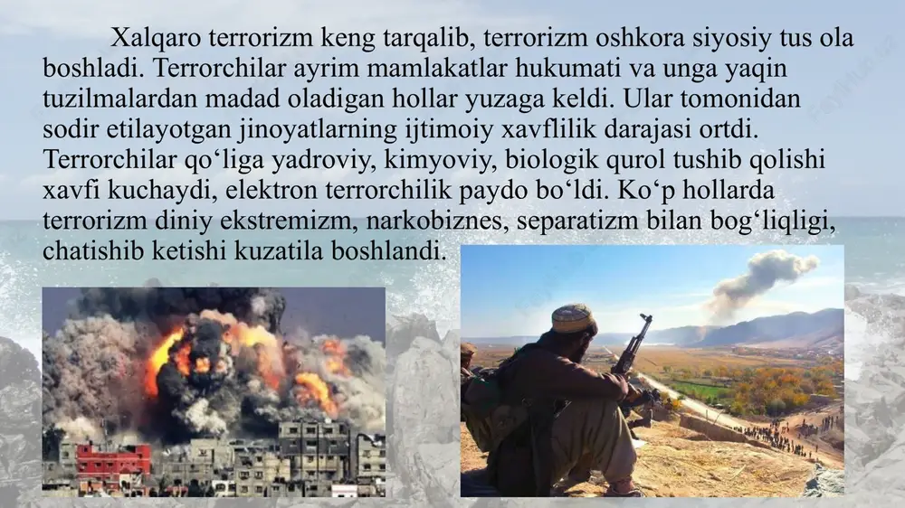 agʻ-vositalar va resurslar berish yoki yigʻishga, boshqa xismatlar koʻrsatishga qaratilgan harakat 8 yildan 10 yilgacha ozodlikdan mahrum qilish bilan jazolanadi. terrorchilik harakati odam oʻlishiga, boshqa ogʻir oqibatlarning kelib chiqishiga sabab boʻlsa, 15 yildan 20 yilgacha ozodlikdan mahrum etish yoki mamlakatdan chiqarib yuborish jazosi belgilanadi. terrorizmni tayyorlashda ishtirok etgan shaxs, agar u hokimiyat organlariga oʻz vaqtida xabar berish yoki boshqa usul bilan ogʻir oqibatlar yuzaga kelishining hamda terrorchilar maqsadlari amalga oshirilishining oldini olishga faol koʻmaklashgan boʻlsa, basharti bu shaxsning xarakatlarida jinoyatning boshqa tarkibi boʻlmasa, jinoiy javobgarlikdan ozod etiladi jahondaerondagi sistan, belujiston va gʻarbiy ozarbayjon viloyatlarida uchta terroristik guruh yoʻq qilindi va 21-mart kuni saravondagi teraktni sodir etganlar hibsga olindi. sistan va belujistondagi guruh aʼzolari boshqa mamlakatda harbiy tayyorgarlikdan oʻtgan va guruh rahbarligida jinoyat sodir etgan „jaysh al-adl“ terroristik guruhiga aloqador boʻlgan. guruh yetakchisidan ikkita avtomat, shuningdek, bomba tayyorlash uchun baʼzi qurol va materiallar topilgan. bayonotda uning avval giyohvand moddalar savdosi va …