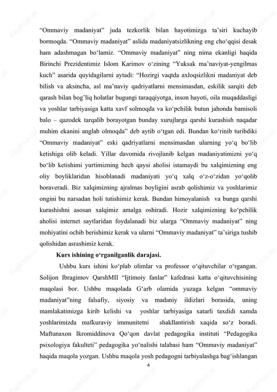 igitlar orasida qulog’iga sirg’a taqqan, yirtiq shim kiygan, uzun sochlari bilan maqtanadiganlari sonining ortib borishi kuzatilmoqda. yoki milliy qadriyatlarni oyoqosti qilib kiyingan qizlarni olaylik. ular erta – indin ota – ona bo‘lsa, farzandlariga qanday tarbiya beradi? o`zlari axloqli bo‘lmay turib, zurriyotlariga odobni o‘rgata oladimi? “ommaviy madaniyat” g`arb dunyosida o‘tgan asrning ikkinchi yarmida shakllandi. uni g’arbda “pop – kultura” deb atashadi. garchi “madaniyat” deb atalsa – da, aslida, tub mazmun – ma’nosiga, maqsad – niyatiga ko‘ra “ommaviy madaniyat” chinakam madaniyatning kushandasidir. mutaxassislarning fikricha, hali ilm–fanda “antikultura” (g’ayrimadaniyat”) degan ilmiy tushuncha shakllanmaganligi uchun “ommaviy madaniyat” tushunchasi nochorlikdan qo‘llanilmoqda. “ommaviy madaniyat” ko‘pdan – ko‘p shakllarda o‘zini namoyon etadi. kitch (zarracha badiiy – estetik qimmatga ega bo‘lmagan narsa va buyumlarga yuksak andoza tusini berish), komiks (tagiga qisqa matn yoki luqmalar bitilgan behayo rasmlar), starizm (subyektiv ehtiroslarga berilgan holda, estrada artistlari, aktyorlar, sportchilarni ilohiylashtirish), xeppining (avvaldan rejalashtirilmagan, “keskin” tomoshalar, masalan royal, pianino yoki avtomobillarni urib …
