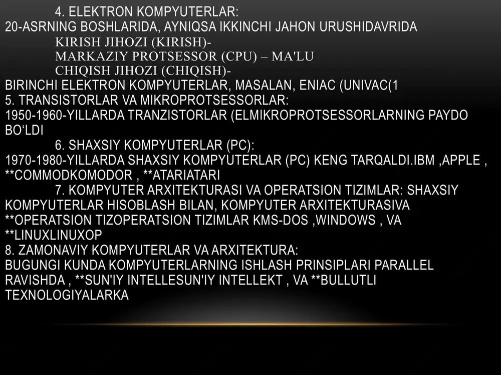 ning markaziy protsessor (cpu), xotira, kirish-chiqish jihozi kabi qismlarining ishlab chiqarishga olib keldi. shaxsiy kompyuterlar va zamonaviy texnologiyalar bilan, kompyuterlarning ishlash prinsiplari va qismlari yanada samarali, kuchli va murakkab bo'lib, turli sohalarda qurilmalar. kompyuterlarning kelajagi, sun'iy intellekt, ma'lumotlarni qayta ishlash va bulutli texnologiya kabi yangi narsalarni o'z ichiga olgan yangi texnalogiyadur. shu tariq, kompyuterlarning asosiy qismlari va ishlash tamoyillari, vaqt o'tishi bilan yangi texnologiya bilan to'ldirilib, zamonaviy dunyoda barcha sohalarda keng qo‘llanilib kelinmoqda. foydalnilgan adabiyotlar: klassik kompyuter tarixi kitoblari: 2."the computer: a history of the information machine" by martin campbell-kelly va william aspray. 3."the innovators: how a group of hackers, geniuses, and geeks created the digital revolution" by walter isaacson. internet manbalari: 4.wikipedia (https://en.wikipedia.org) – kompyuter tarixiga oid sahifalar, masalan, history of computers va charles babbage sahifalari. 5. stanford university computer history museum (https://computerhistory.org) – kompyuter tarixiga oid muzey va ma'lumotlar manbai. texnik maqolalar va ilmiy jurnallar: 6. ieee xplore …